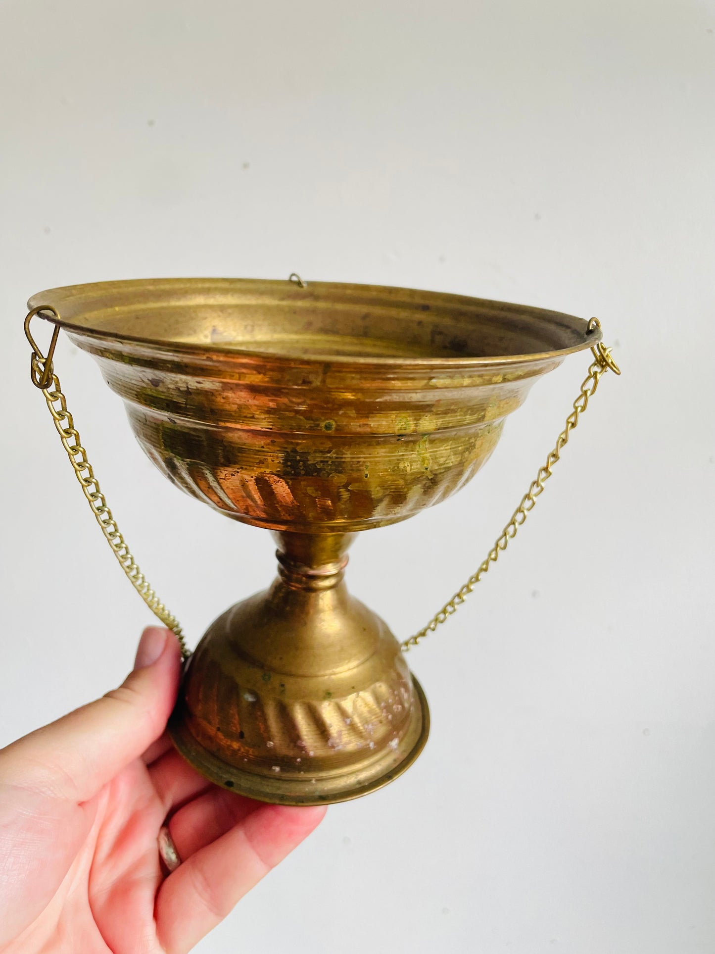 Vintage Brass Pedestal Dish Hanging Planter Pot - Can Stand or Hang from Chain