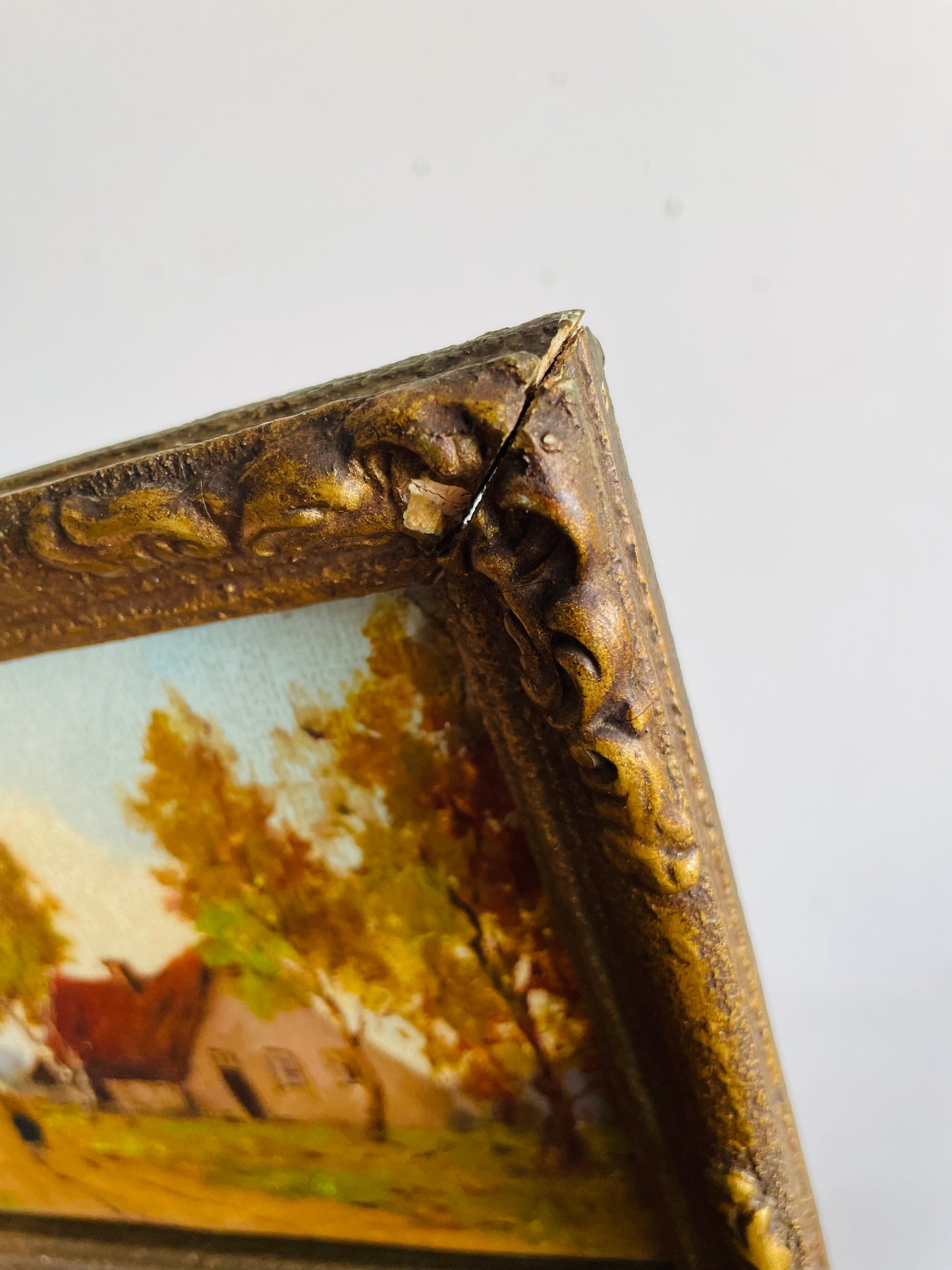 Vintage Original Art Painting in Gold Frame - European Rural Countryside Scene with Houses & Woman Walking Down Lane - Artist Signed