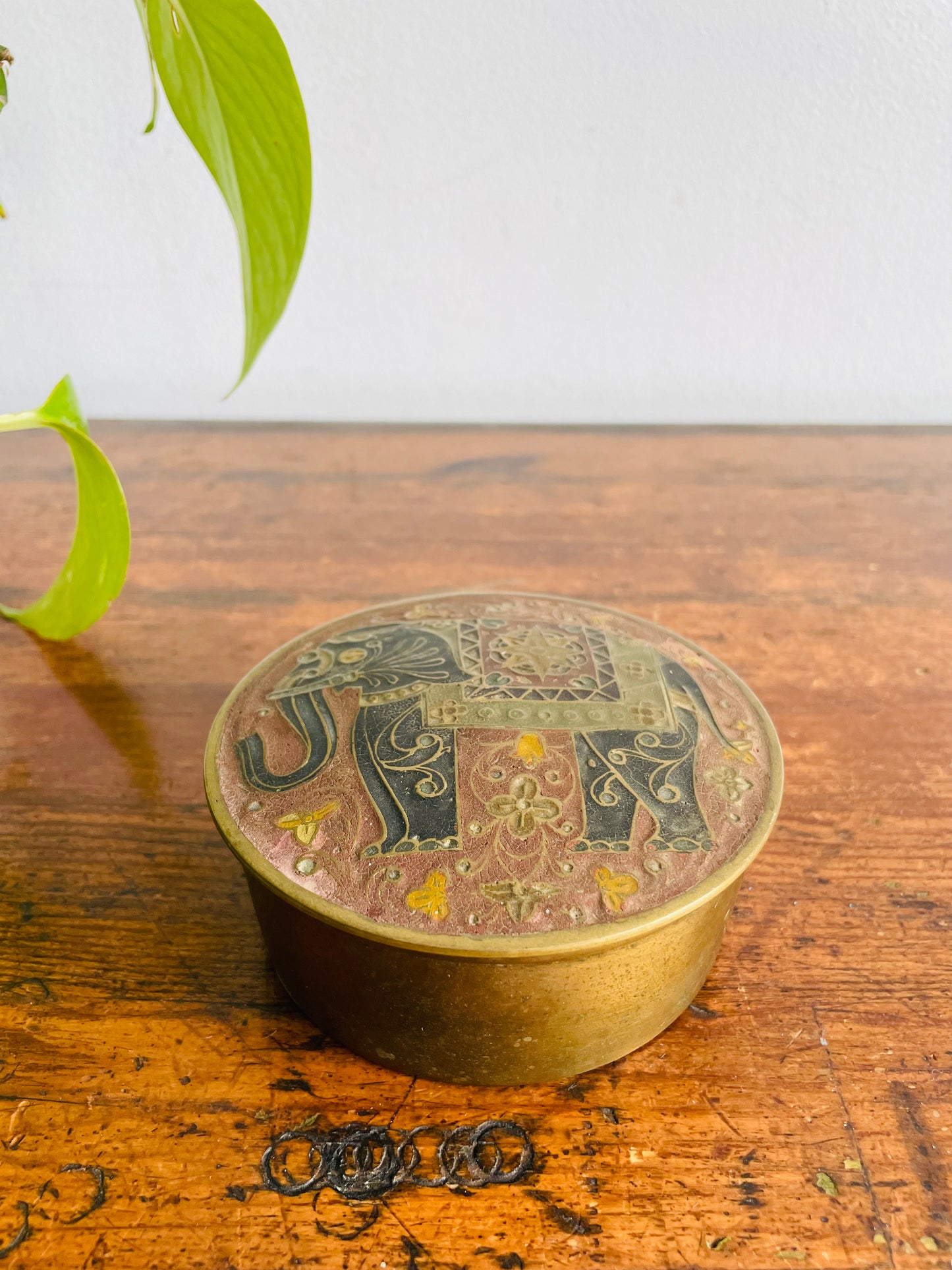 Enamelled Brass Round Trinket Box with Lid & Ornate Elephant Trunk Up Design