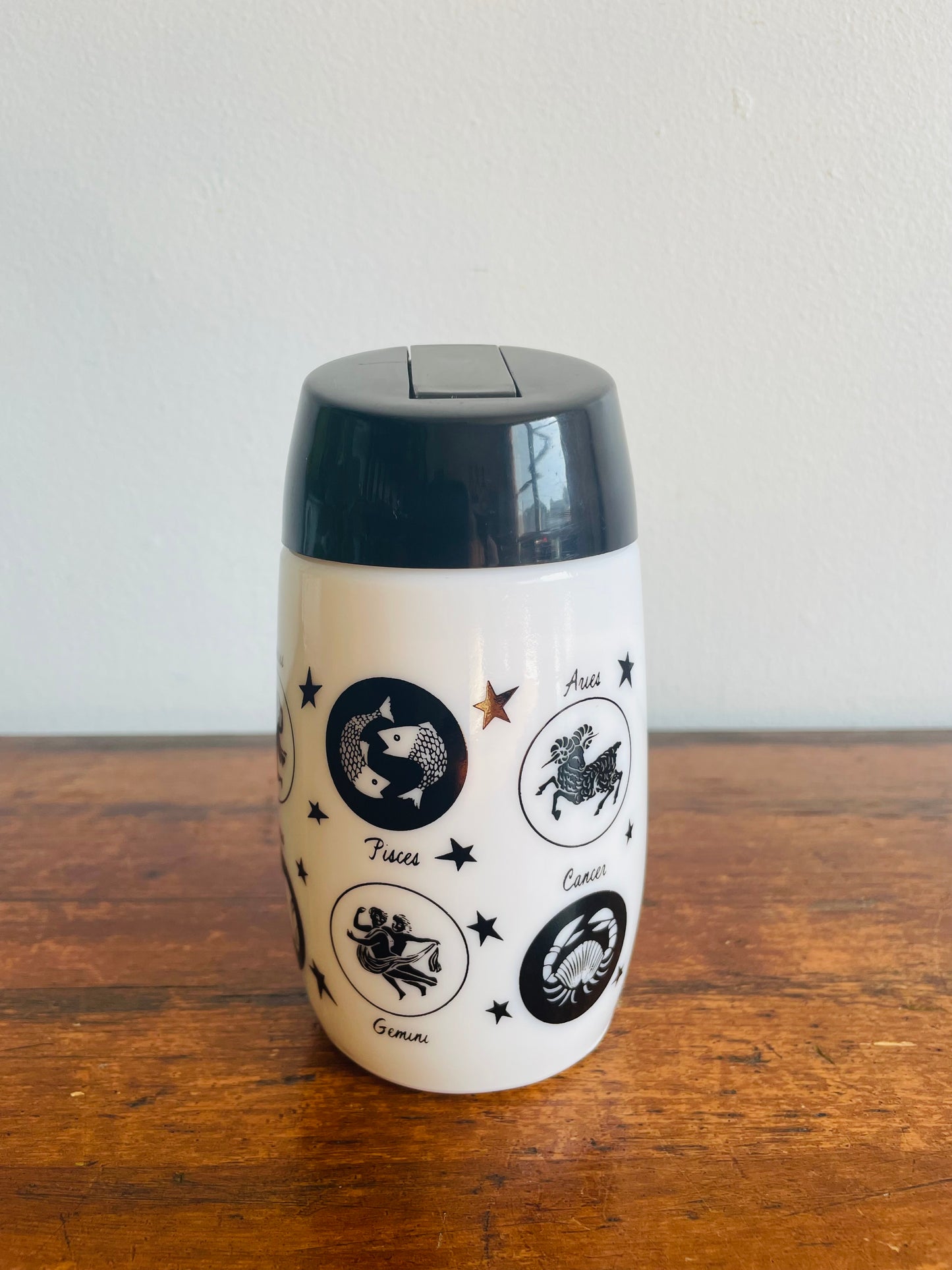 Black & White Milk Glass Horoscope Sugar Pour Dispenser with Zodiac Sign Graphics