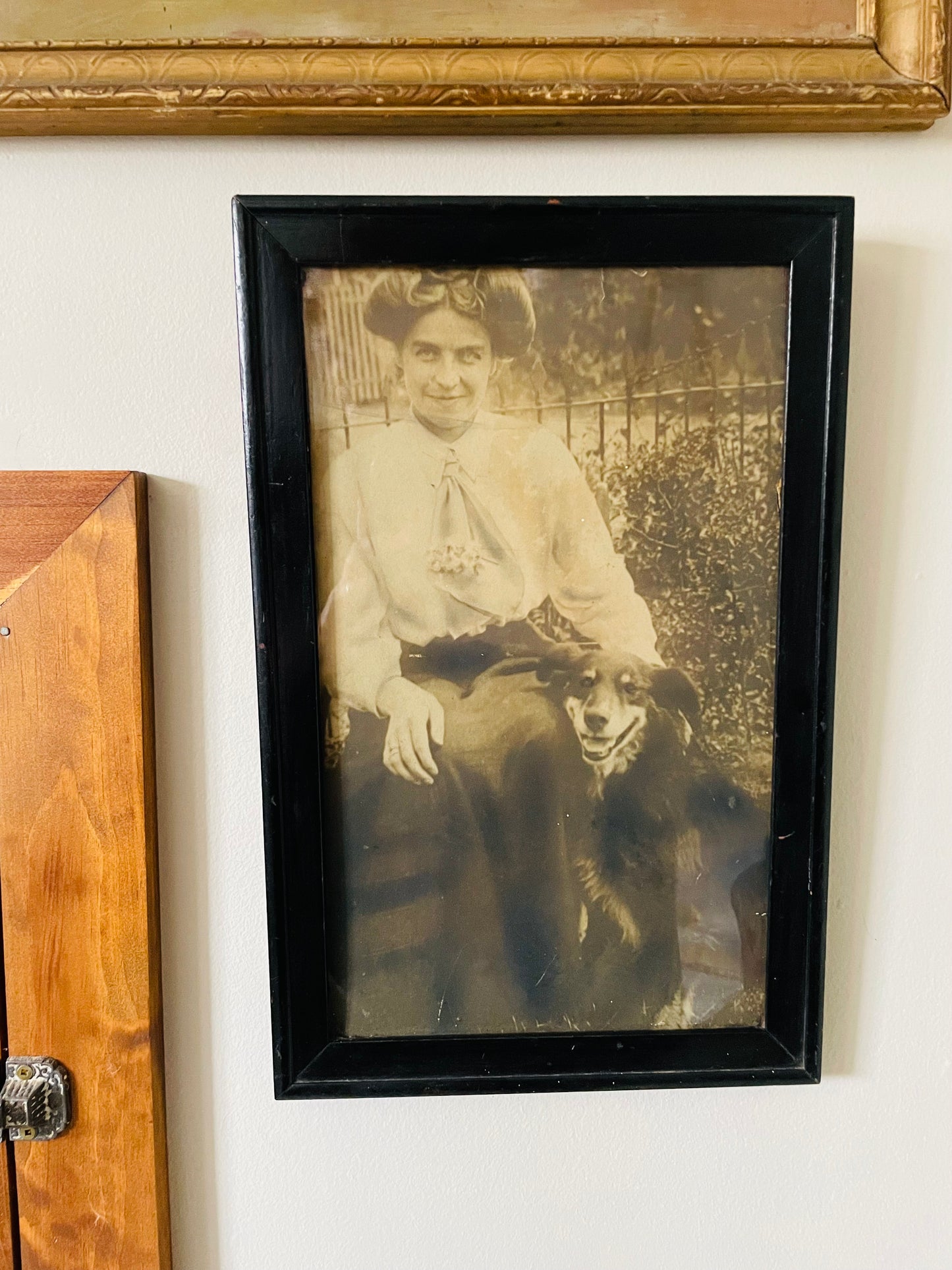 Antique Framed Sepia Photograph Picture of a Woman & Her Dog - Late 1800s / Early 1900s