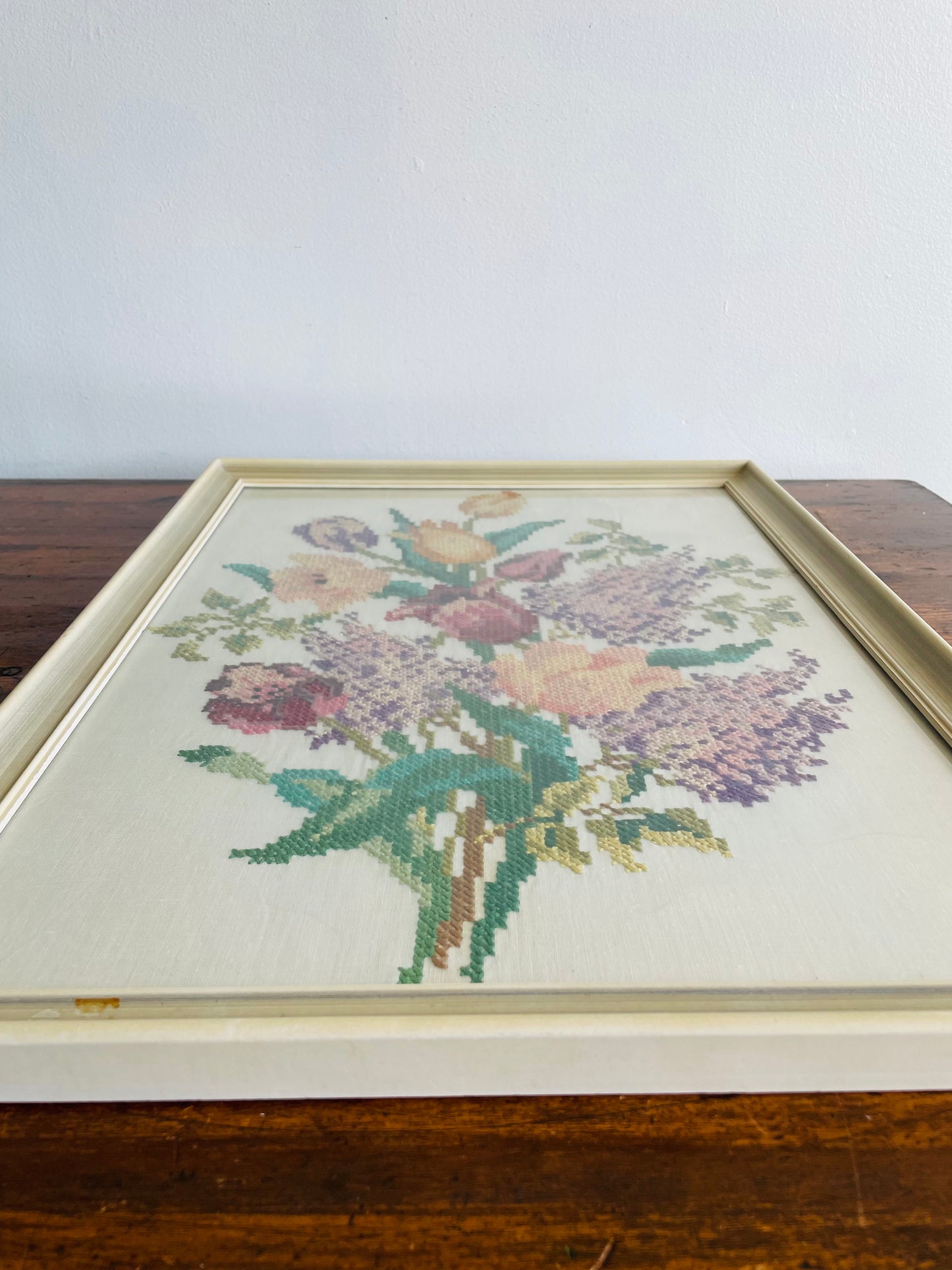 Framed Floral Bouquet Cross-Stitch Needlepoint Embroidery Picture on White Background