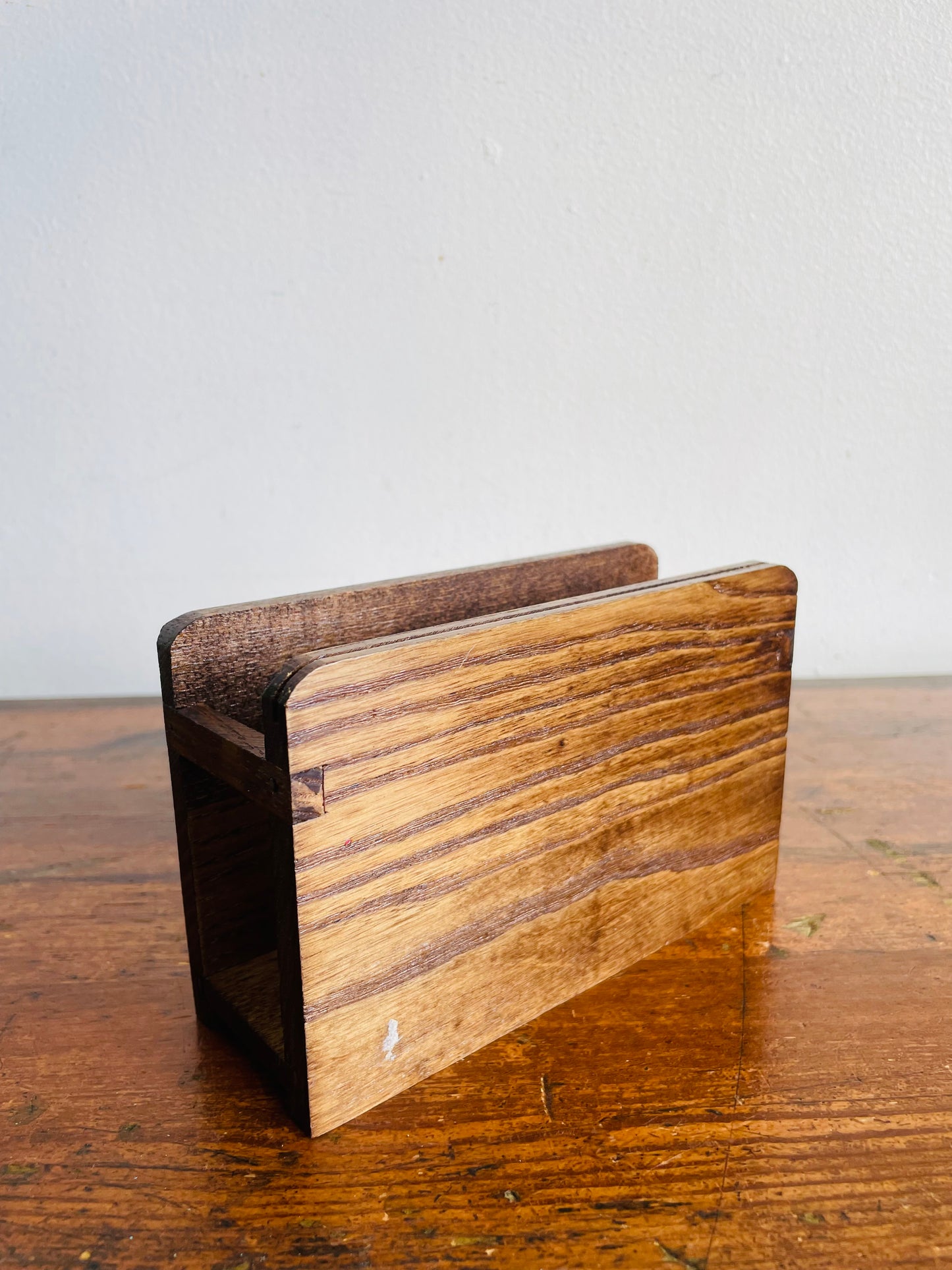 Vintage MCM Wood Recipe Card Holder with Bright Orange & Yellow Pineapple, Fish & Strawberry Graphics