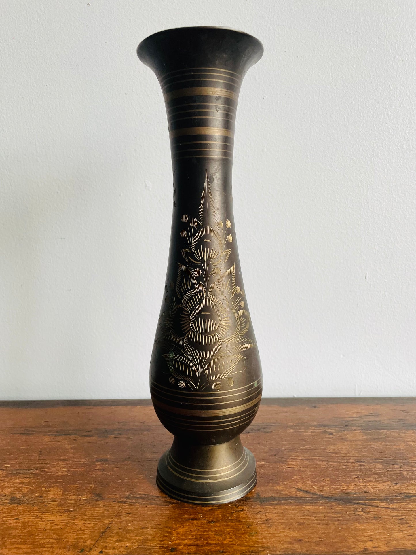Tall Etched Brass Vase with Floral Design