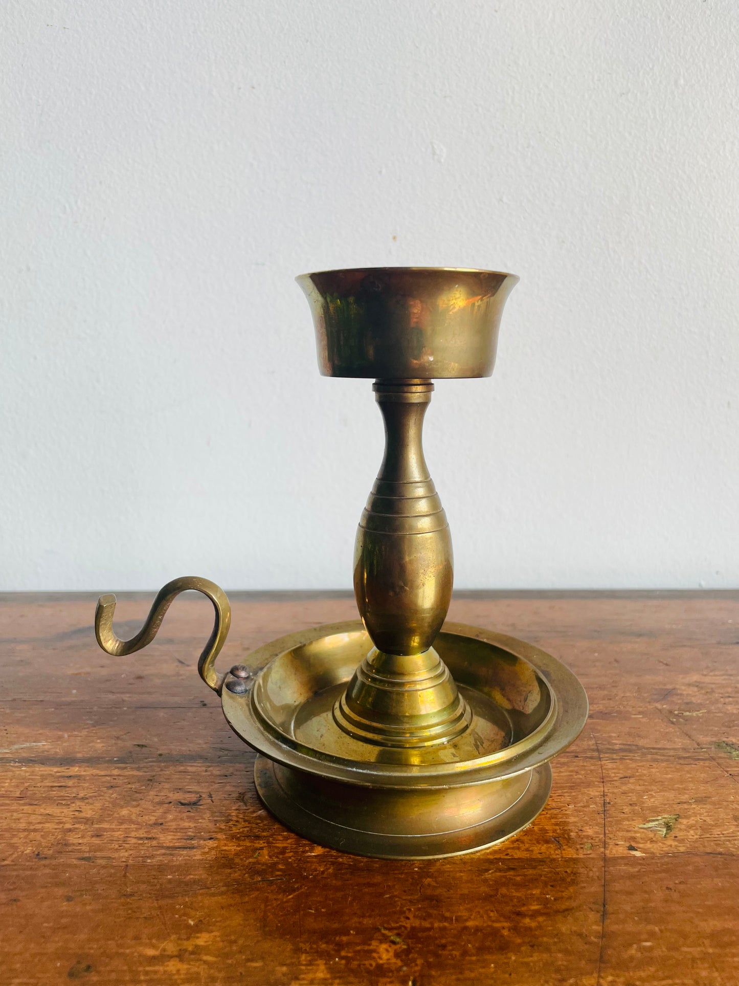 Vintage H Solid Brass Handmade Chamberstick Candle Holder with Spike - Can Hold Thicker Tapers - Made in India