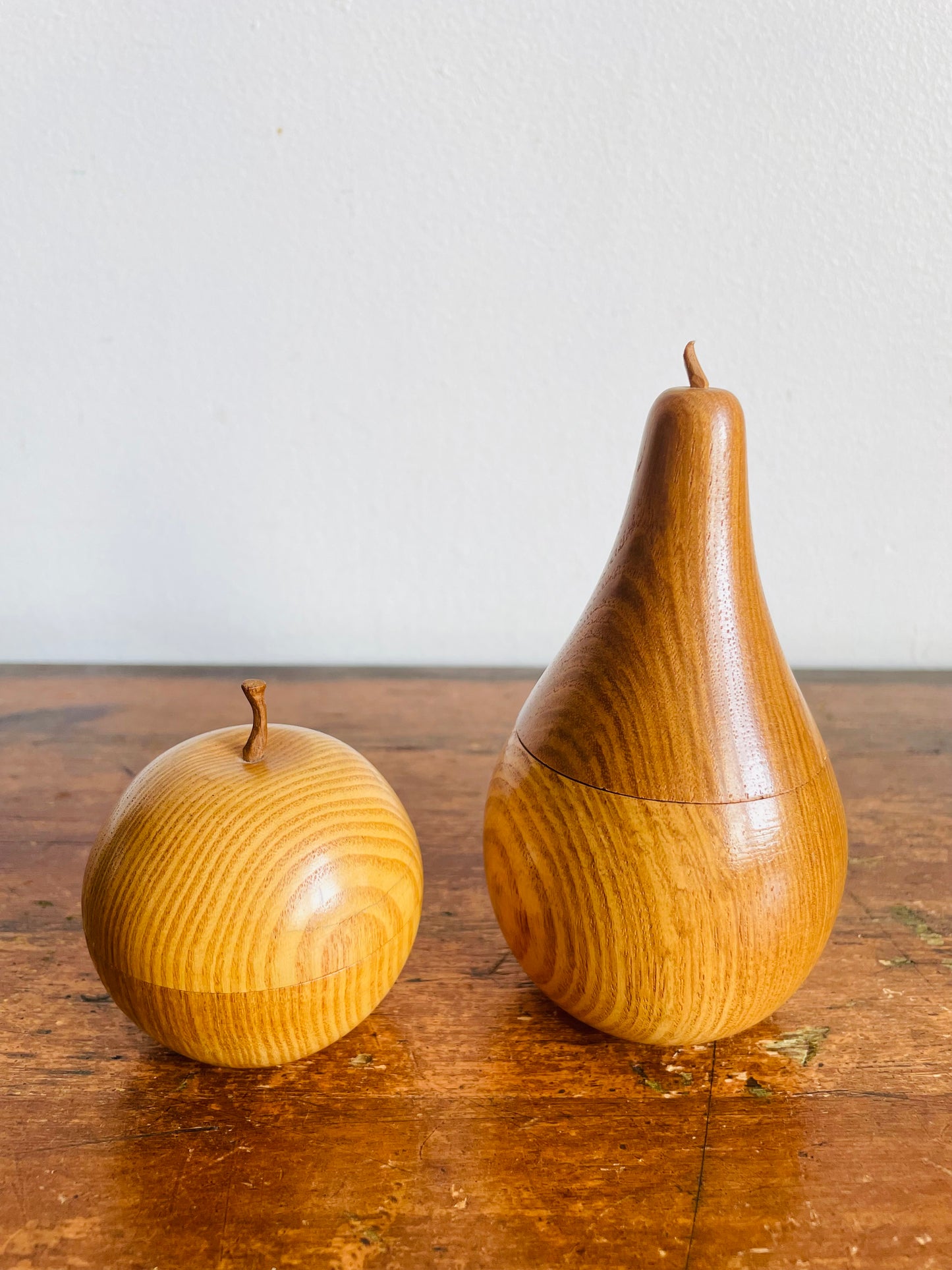 Vintage Carved Wood Pear & Apple Lidded Box Containers - Open Up / Hollow Inside - Set of 2