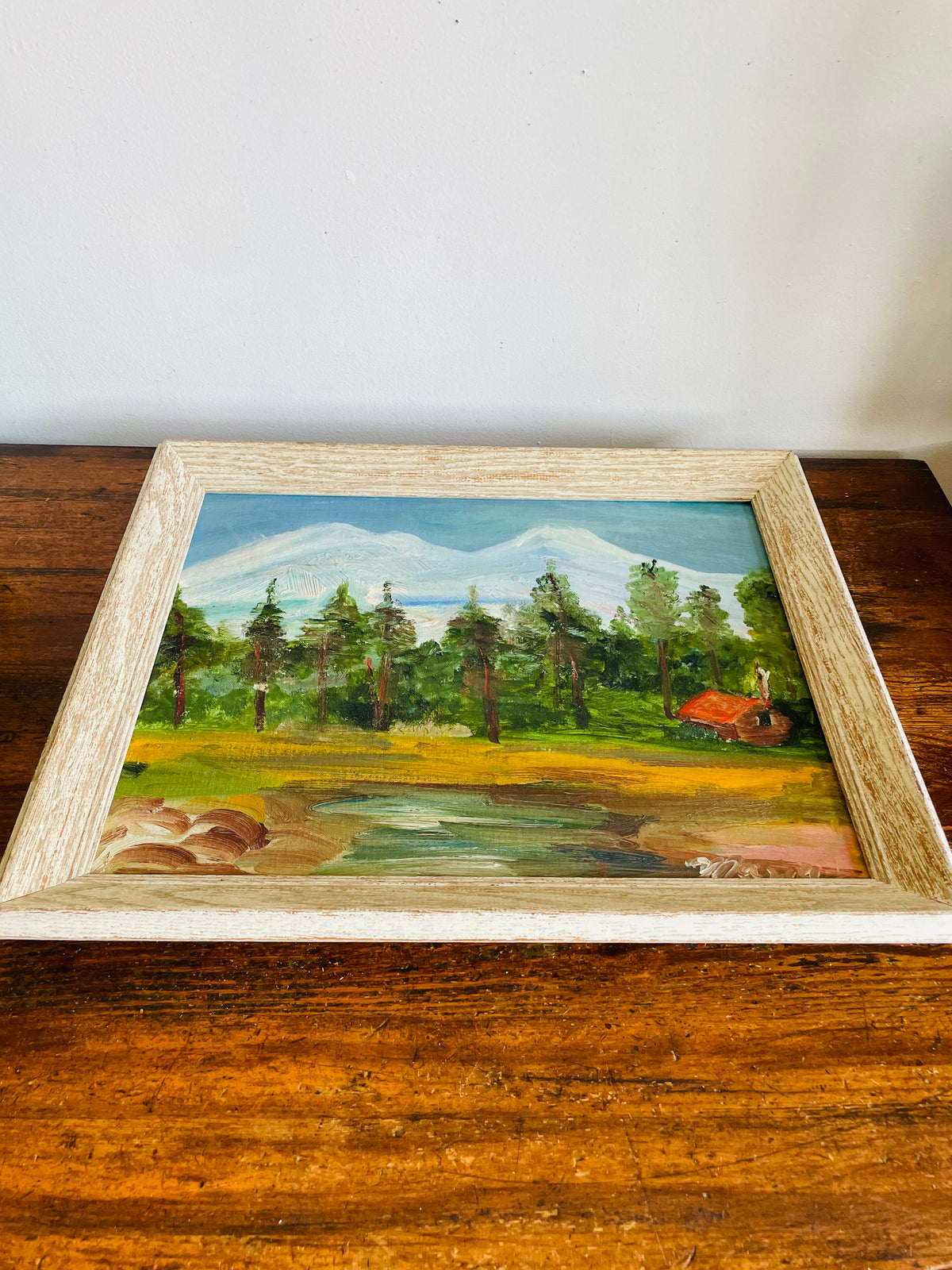 Vintage Original Art Painting Picture of Forest on Lake Nature Scene with Red Cabin House & Smoking Chimney - Signed Maria - No Shipping