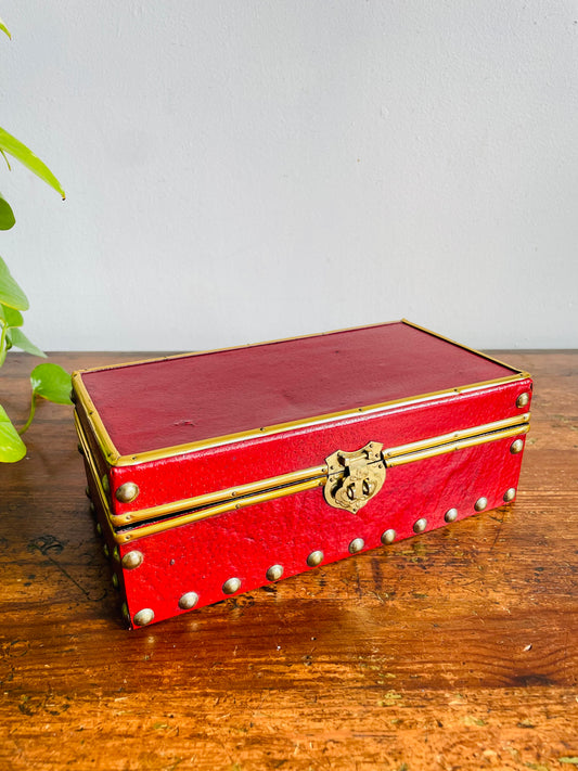 Vintage Red Wooden Trinket or Jewellery Treasure Box with Brass Hardware & Latch to Close - Black Floral Fabric Lined Interior