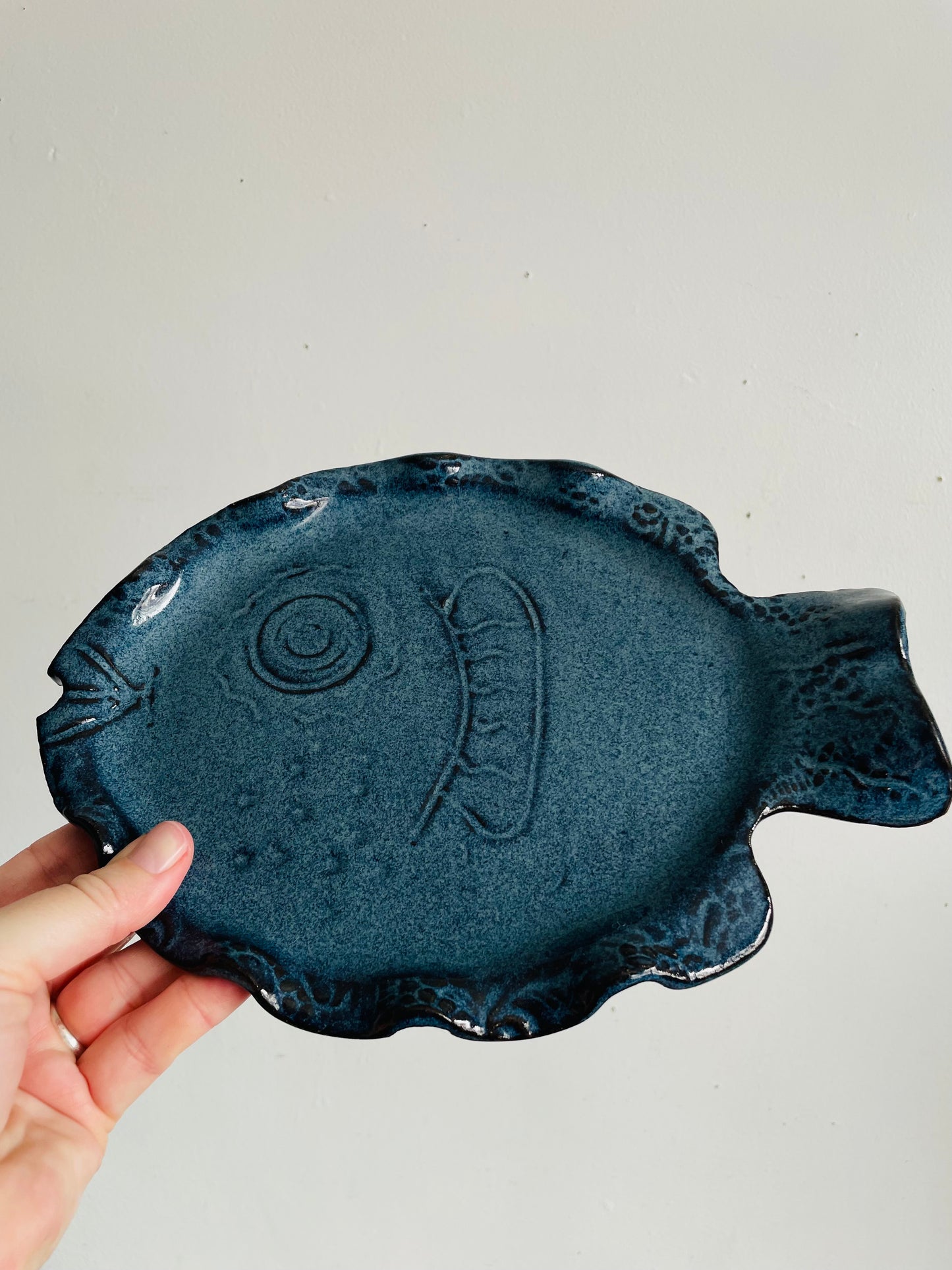 I'll Have the Fish Platter! Vintage Studio Art Pottery Wavy Speckled Blue Fish Plate - Artist Signed
