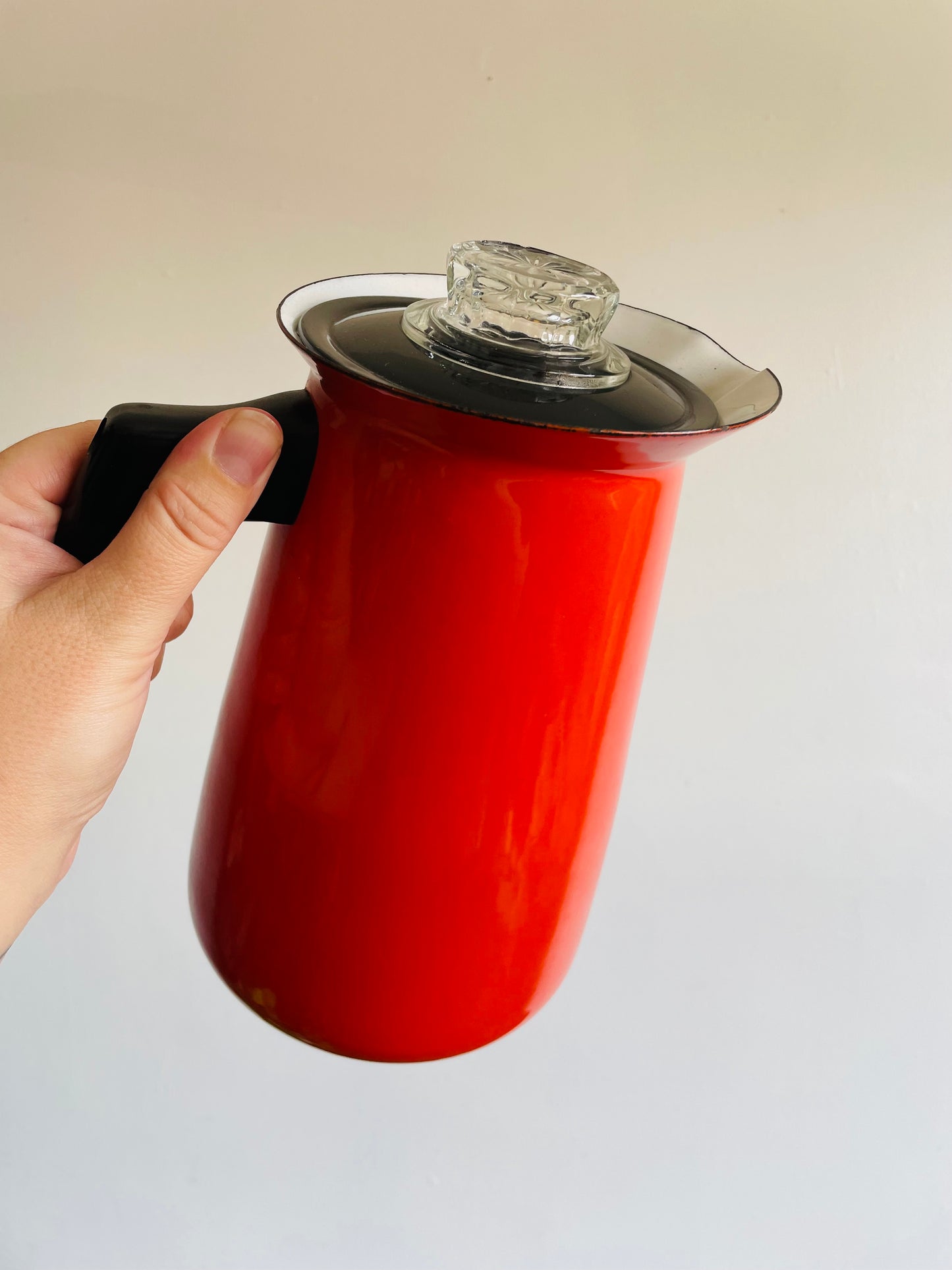 Mid-Century Modern Vibrant Orange Enamel Coffee Percolator or Tea Kettle