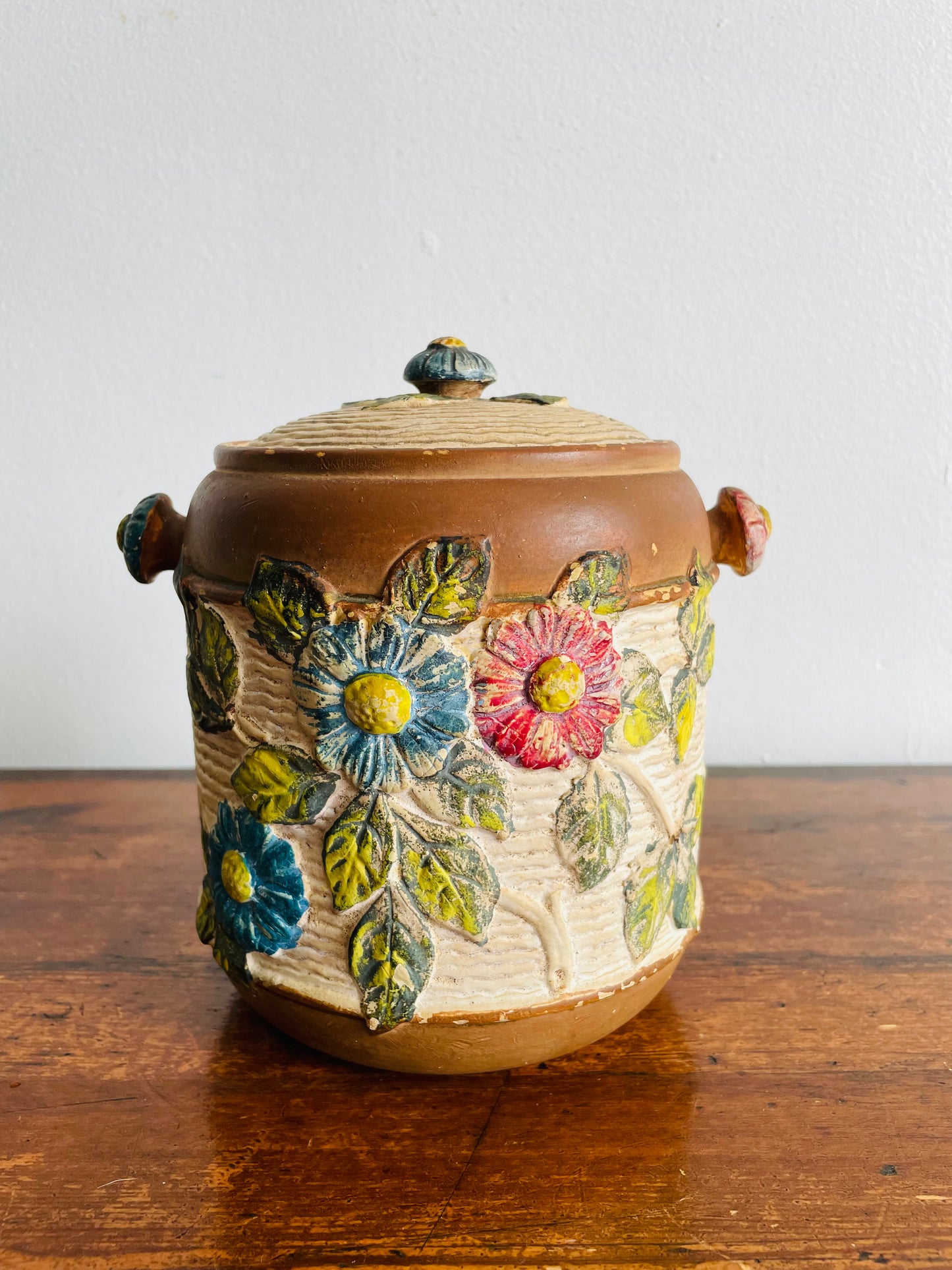 Ceramic Clay Biscuit Cookie Jar Canister with Lid & Floral Design - Made in Czechoslovakia