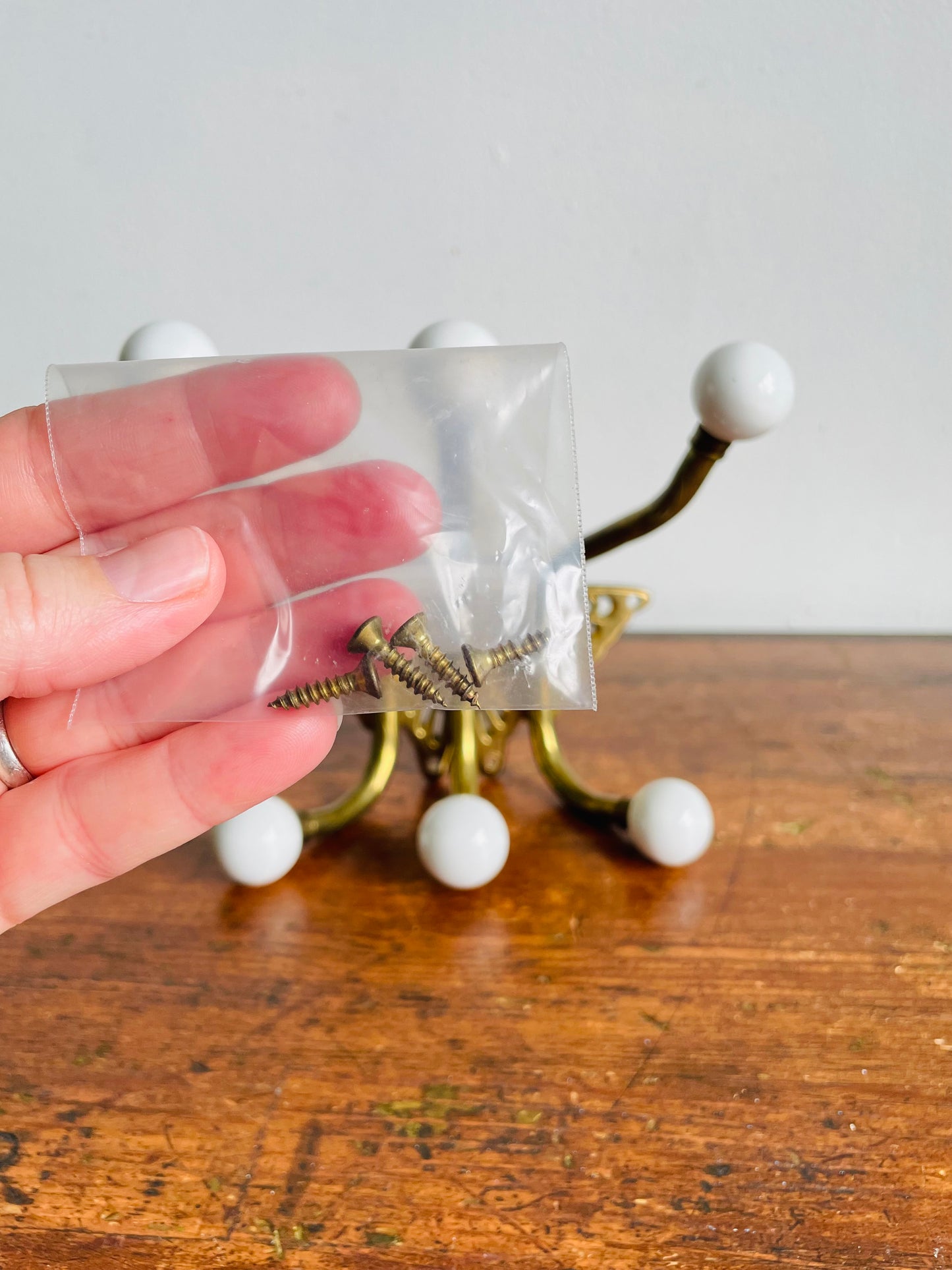 Vintage Brass & Ceramic Butterfly Wall Hook Hanger with 6 Hooks & Hanging Hardware - As Is