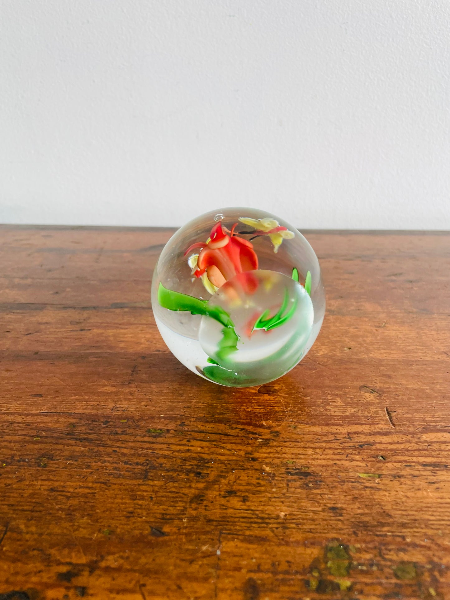 Italian Murano-Style Blown Glass Paperweight with Butterflies & Flowers