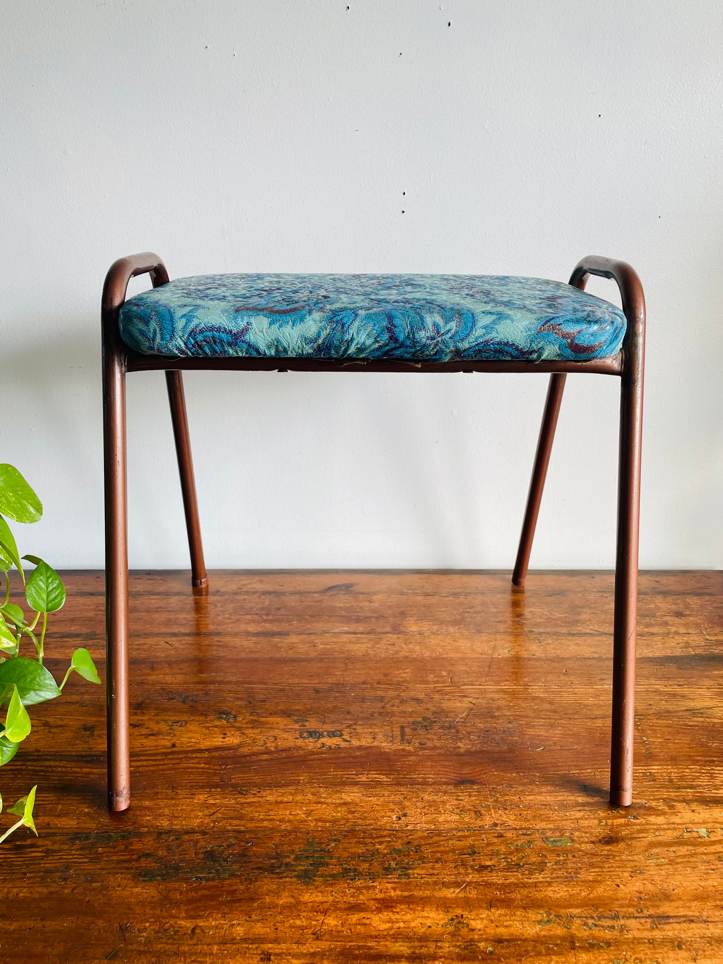 Vintage 1968 Perfect Chrome Furniture Co. Stackable Stool Chair with Vinyl Cushion - Blue Floral Pattern #1 - Made in Toronto