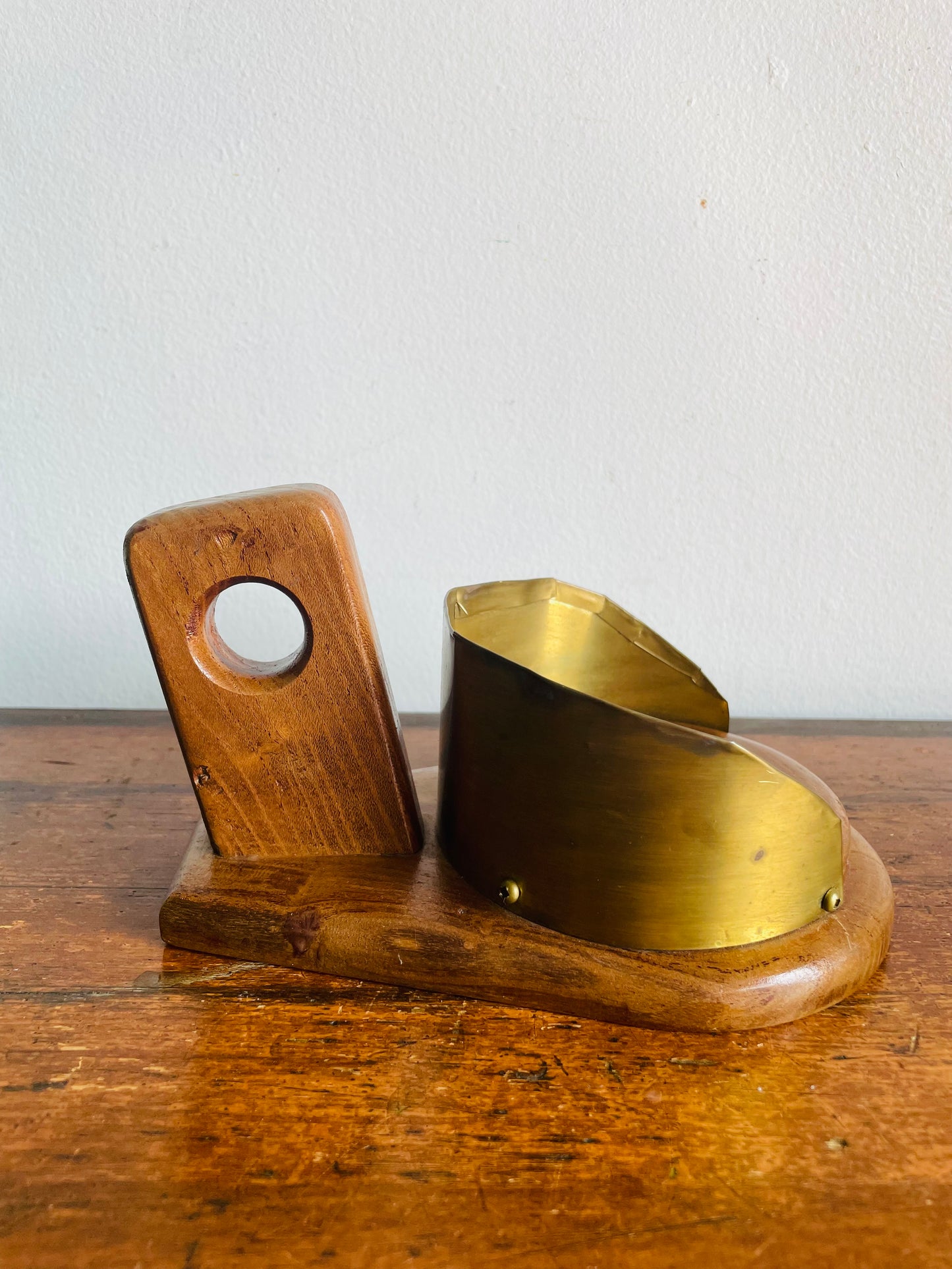 Vintage Brass & Wood Chamberstick Candle Holder Reflector - Pillar Candle or Tealight Candle