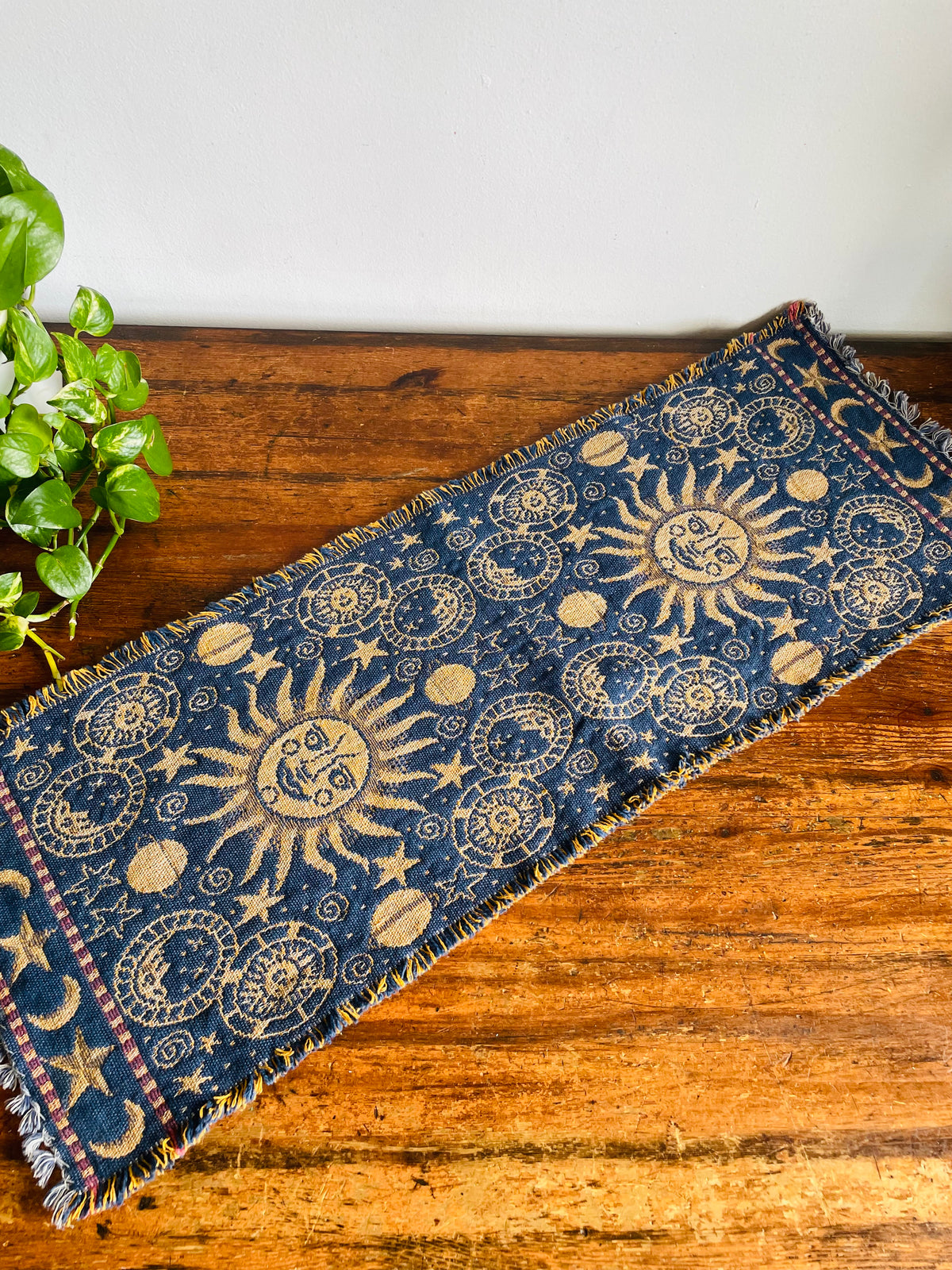 Vintage Blue & Yellow Reversible Celestial Tapestry Fabric Fringed 2.88 Feet Table Runner with Sun, Moon & Star Design - Whimsigoth Decor