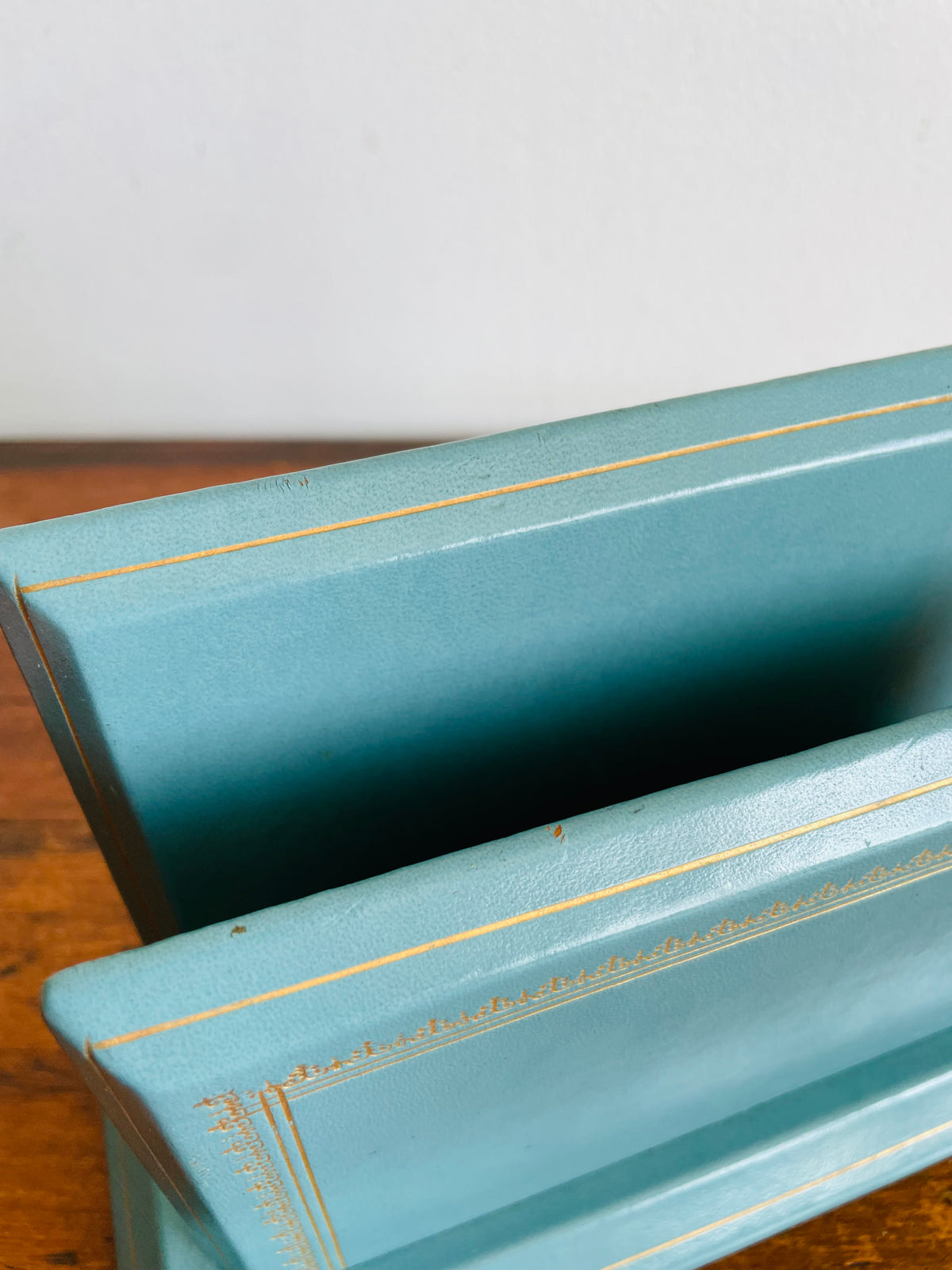Vintage C.P. Leathercrafts New York Blue & Gold Leather Office Desk Organizer / Mail Letter Card Holder