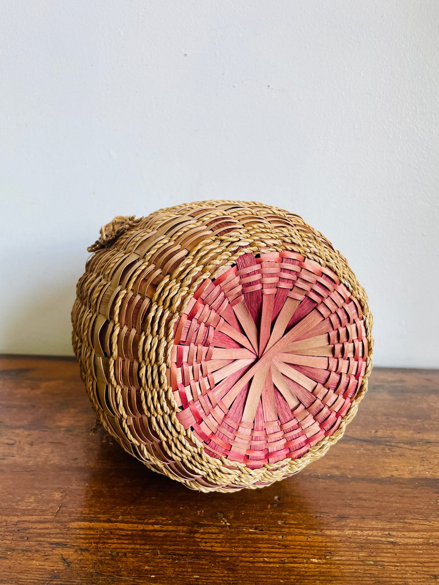 Vintage Indigenous Woven Ash Wood & Sweet Grass Yarn Holding Basket with Braided Handles & Lid - Hole in Lid to Pull Yarn Through