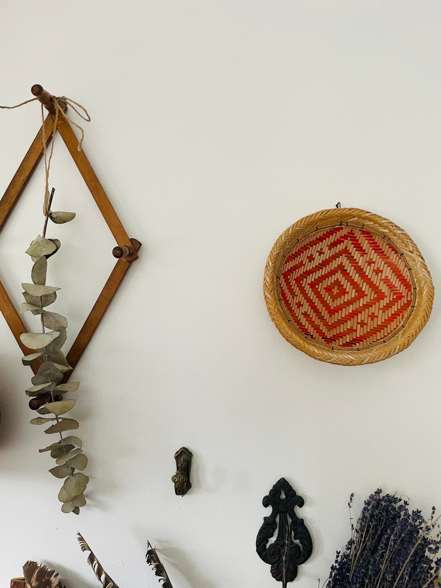 Woven Basket Bowl or Wall Hanging with Orange Design