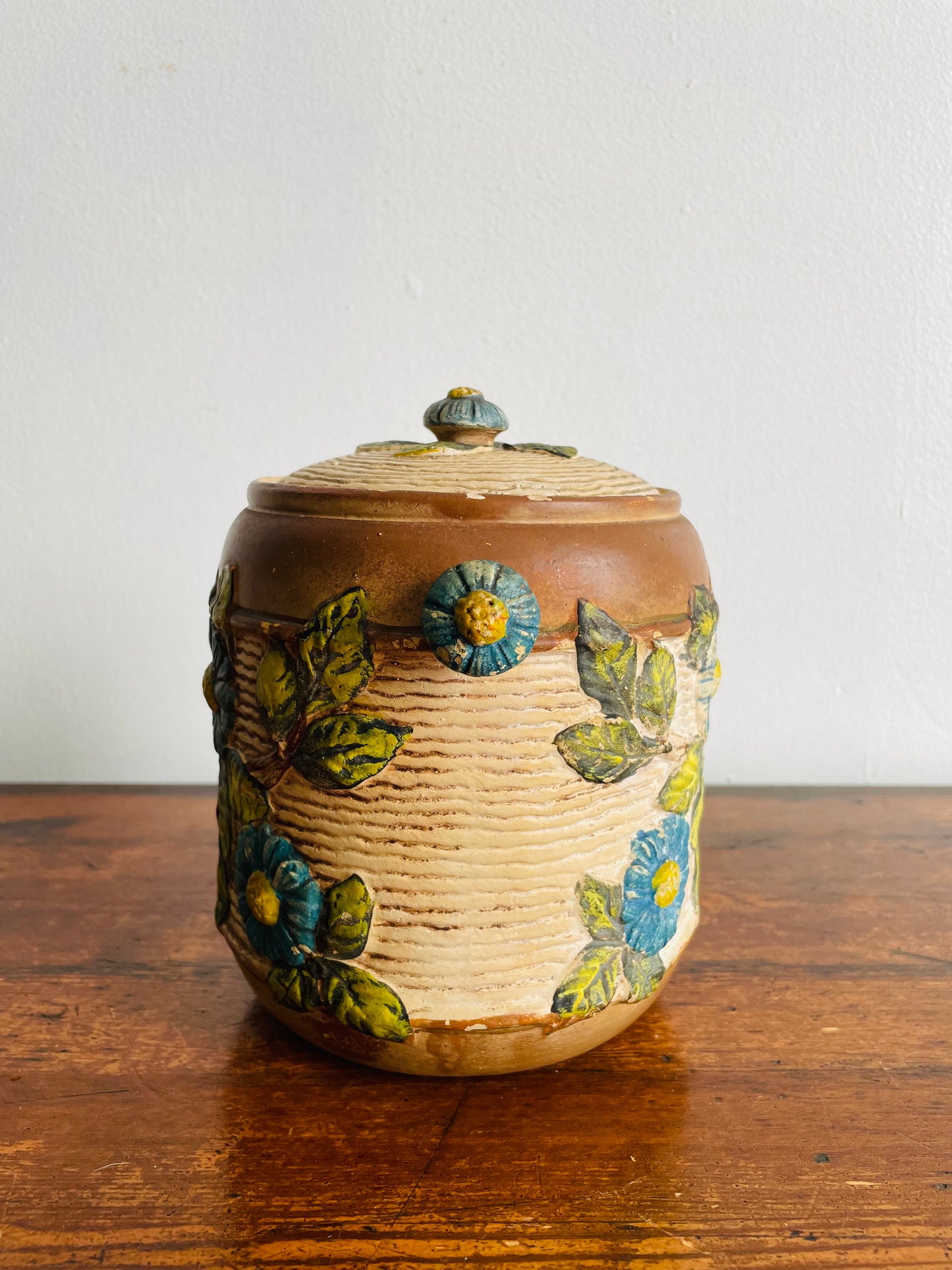 Ceramic Clay Biscuit Cookie Jar Canister with Lid & Floral Design - Made in Czechoslovakia