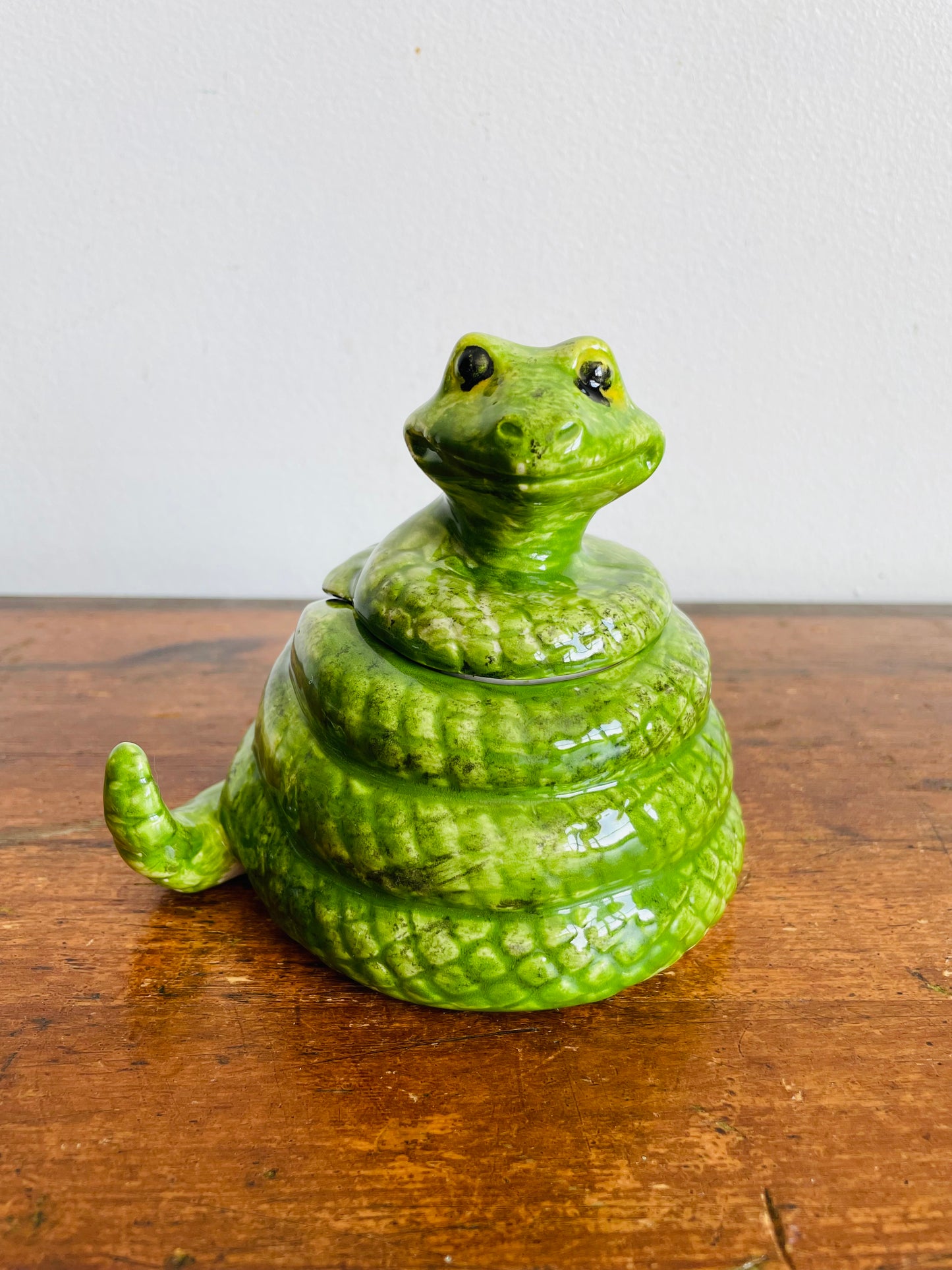 Adorable Hand Painted Green Ceramic Coiled Snake Jar with Lid