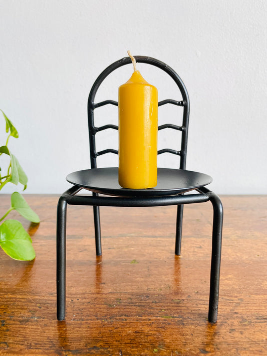 Vintage Black Iron Wavy Chair Candle Holder with Spike - Yellow Candle Included - Whimsical Decor