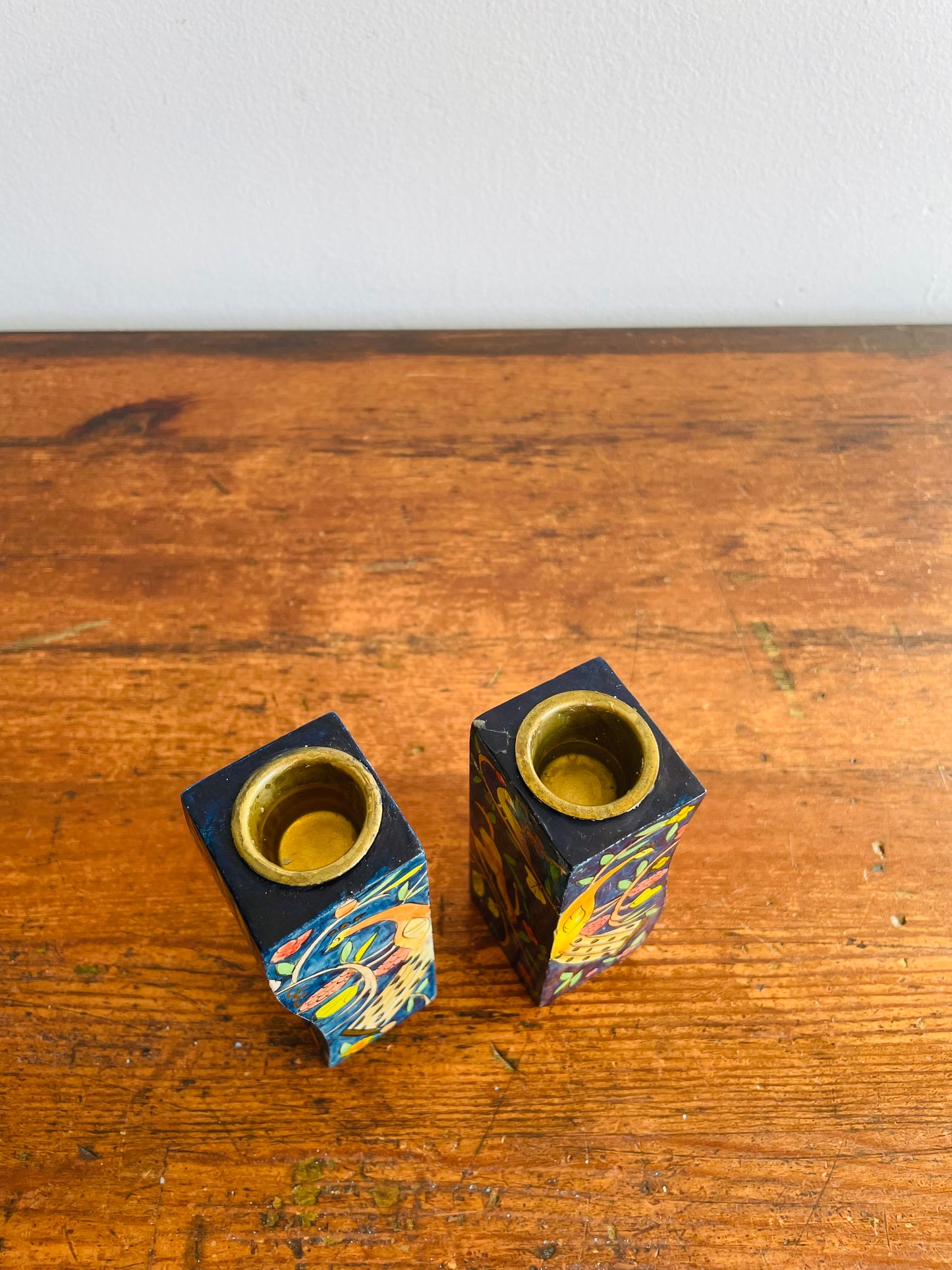 Israeli Lacquered Wood Wavy Candle Holders with Hand Painted Peacock, Lion, Deer, Bird & Flower Design - Yair Emanuel Shabbat Candles