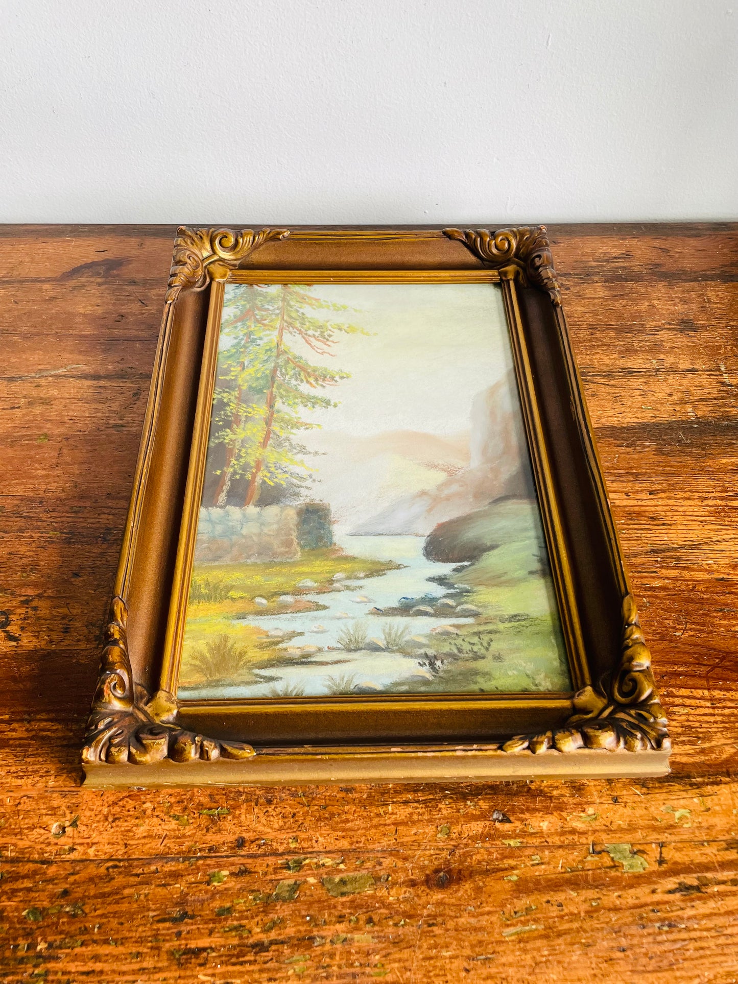 Antique Pastel Painting Picture in Ornate Frame - Landscape Nature Scene of Mountains, Forest & Stream