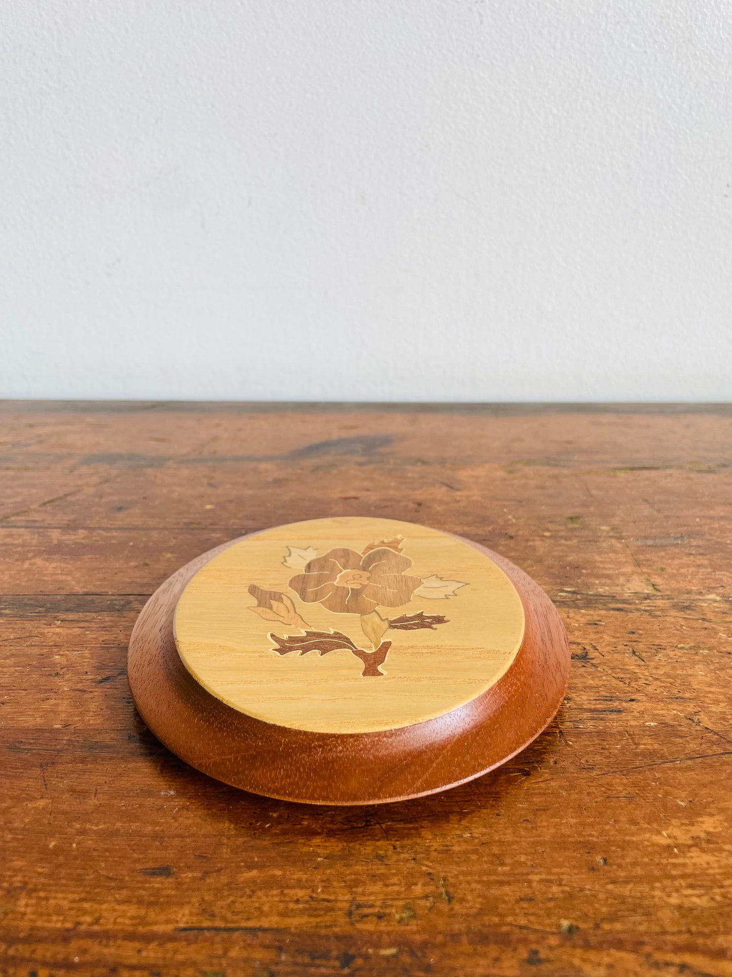 Vintage Handmade Round Wood Marquetry Wall Art Picture with Inlaid Flower Design - Woodcraft by Dave - Made in Canada