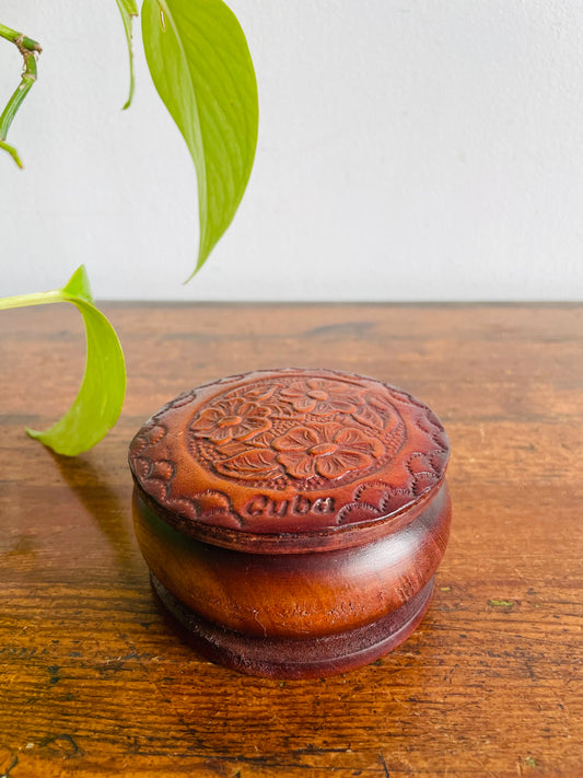 Carved Wooden Cuban Trinket Dish with Lid & Floral Design