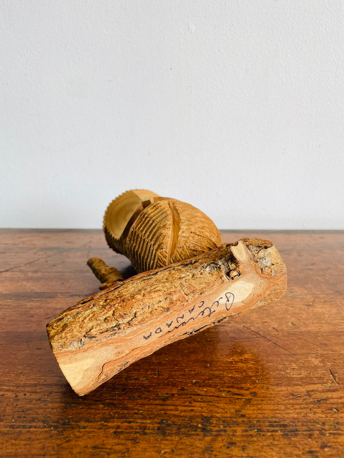 Vintage Hand-Carved Wood Owl Bird on Natural Branch Base - Signed by Canadian Woodcarving Artist Norman Peterson - Made in Canada