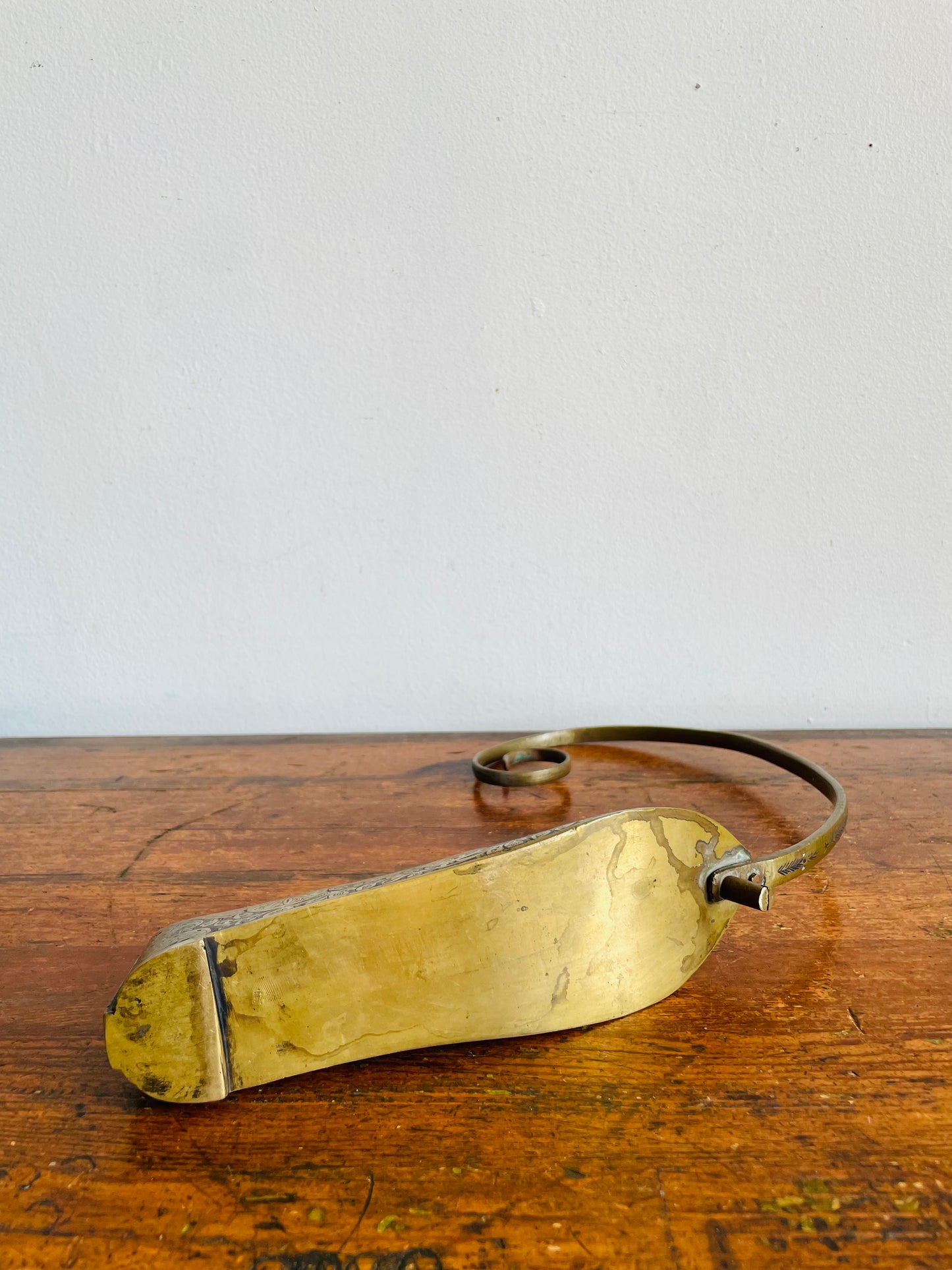 Vintage Brass Indian Slipper Shoe Trinket Dish with Etched Enamel Design & Ornate Details