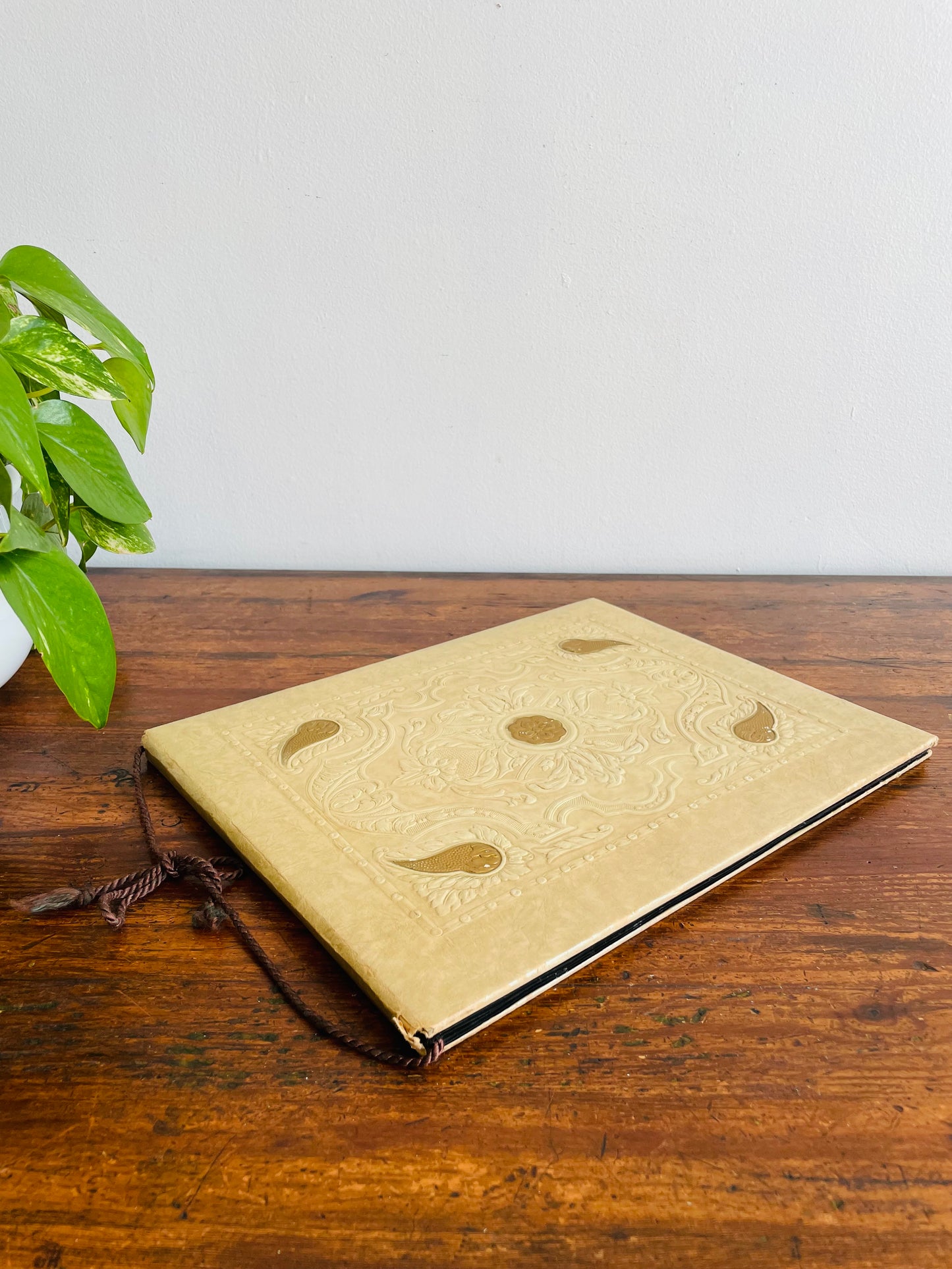 Antique Photo Album or Scrapbook - Cream with Gold Flowers & Filigree - Black Pages - Empty