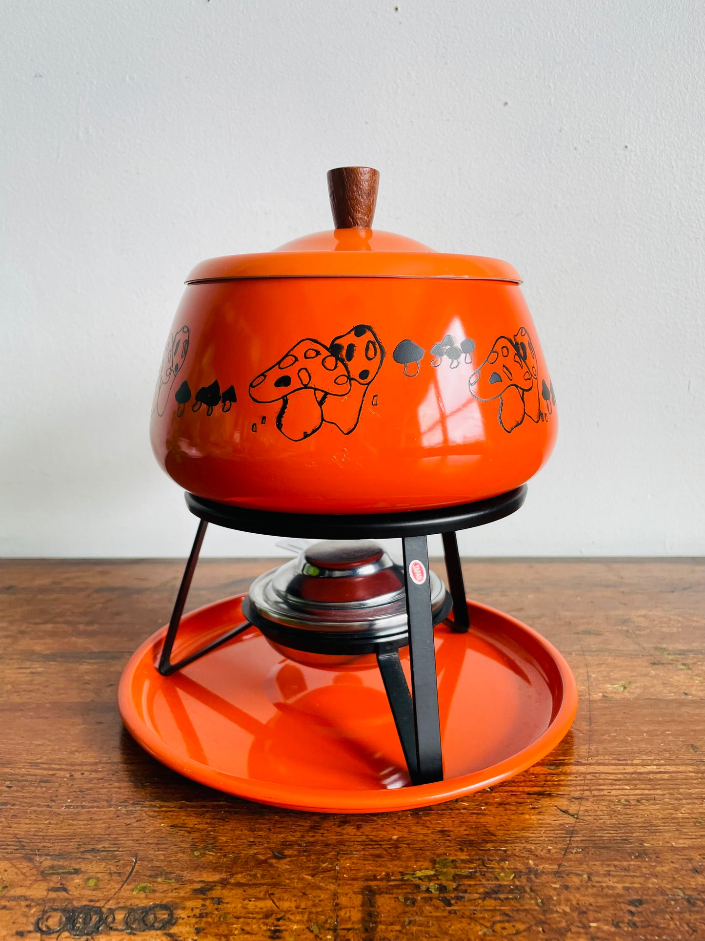 Vintage 1970s Groovy Bright Orange Fondue Pot Set with Mushroom Graphics - Made in Japan