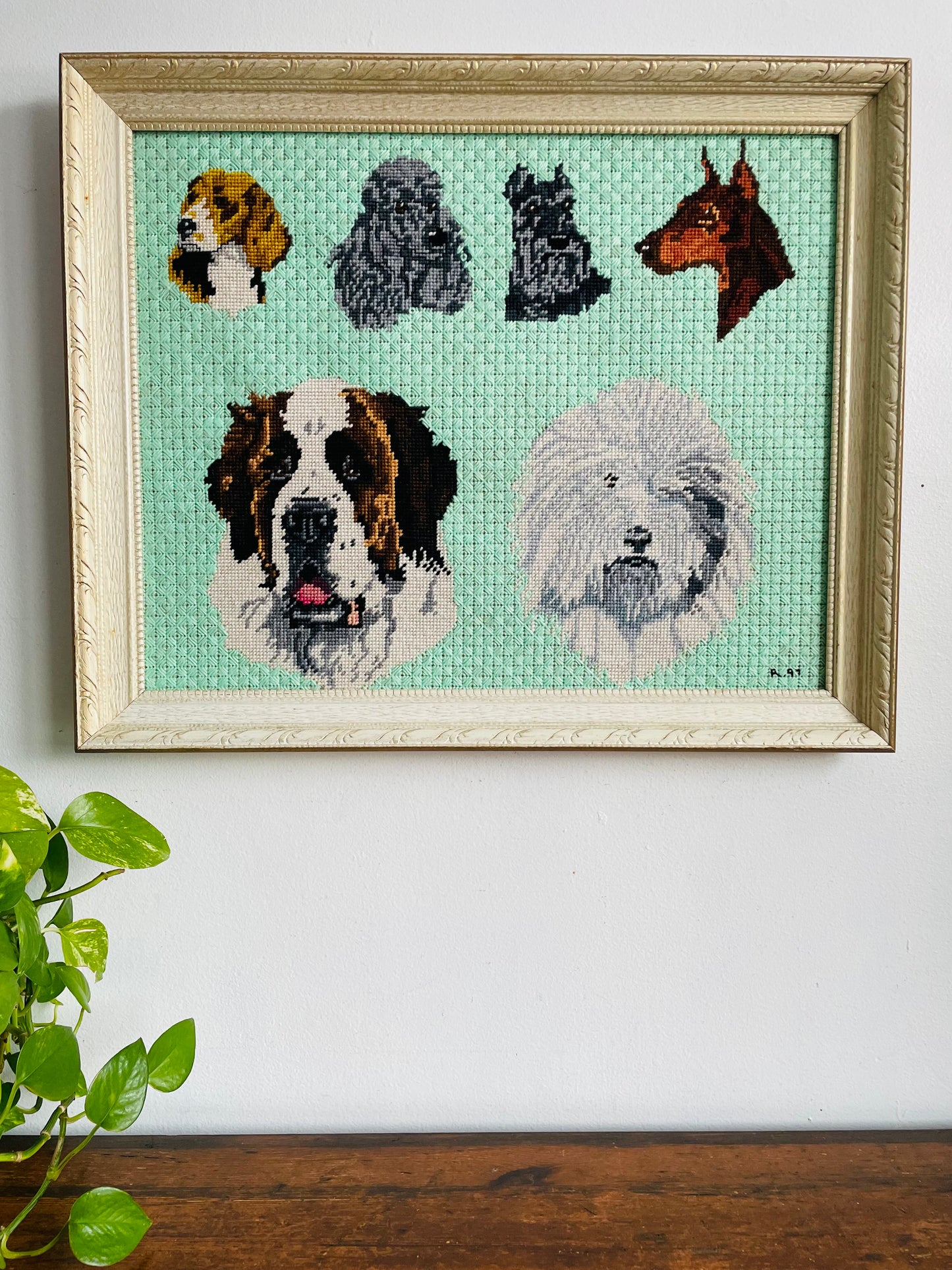 Vintage 1997 Adorable Needlepoint Embroidery Picture of Dog Breeds on Seafoam Green Background in Wood Frame - Beagle, Poodle, Schnauzer, Doberman, St. Bernard & Sheepdog