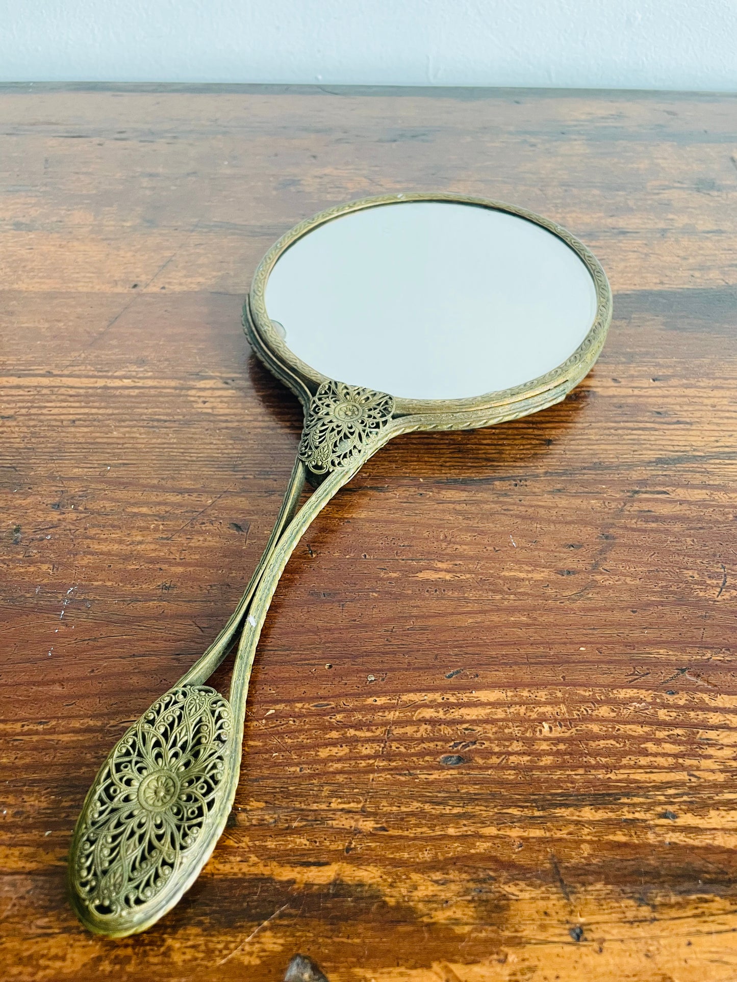 Antique Belle Epoque Handheld Vanity Mirror with Ornate Brass Filigree & Embroidered Floral Tapestry Fabric