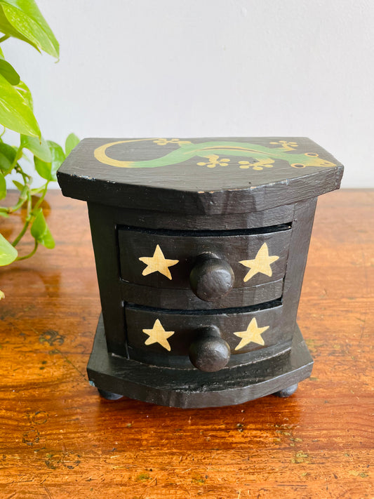 Vintage Black Wooden Mini Dresser Jewellery Box with Painted Star & Gecko Lizard Design - 2 Drawers & Knob Feet