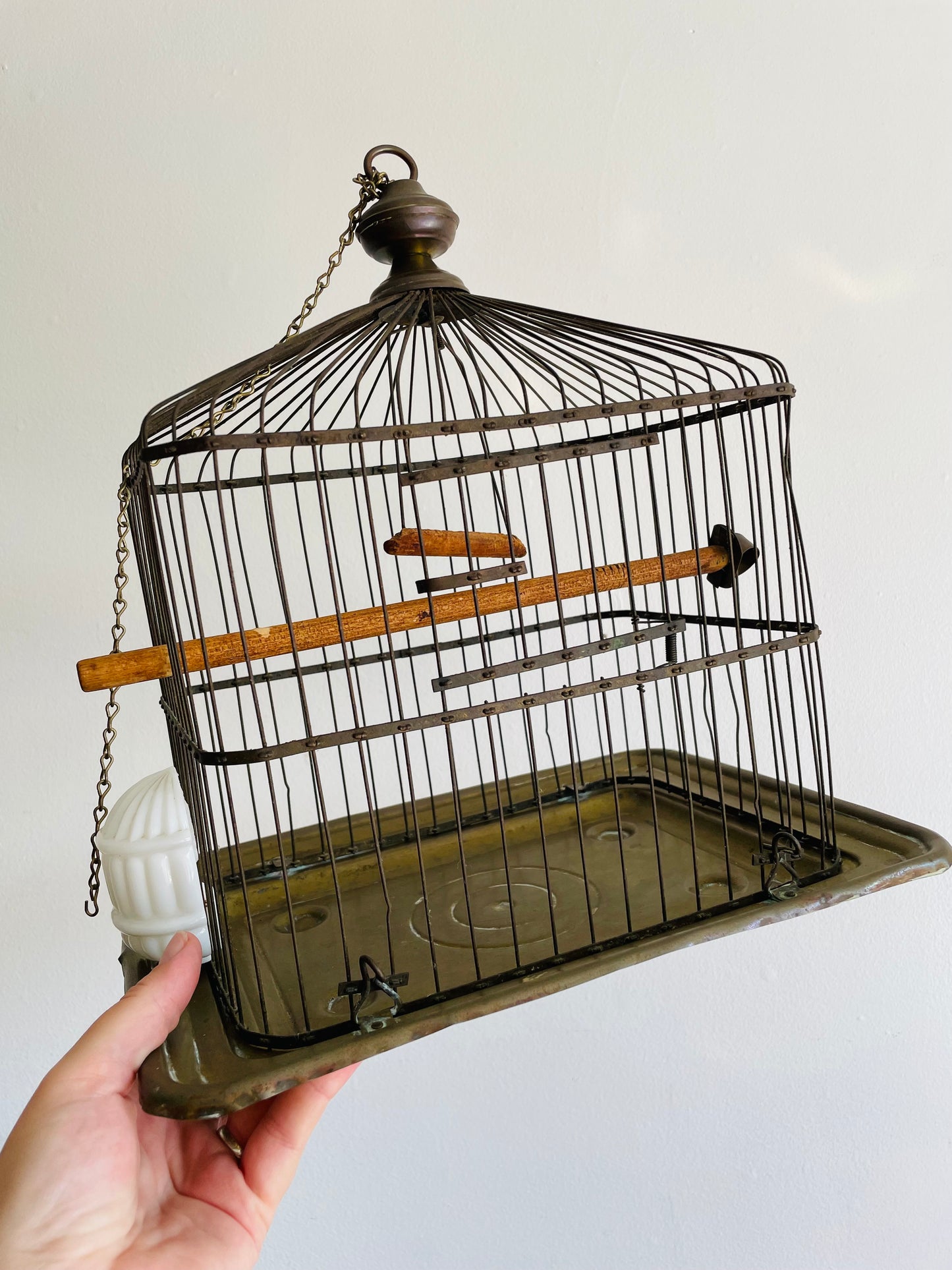 Antique Hendryx Brass & Metal Wire Bird Cage with Wood Perches & Milk Glass Food Dish - Art Deco Decor