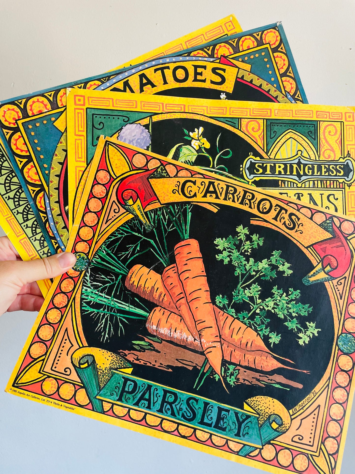 Vintage 1982 Aspelin Art Galleries Ltd. Herbs & Vegetables Prints - Set of 4 - Squash, Dill, Tomatoes, Basil, Carrots, Parsley, Beans & Chives