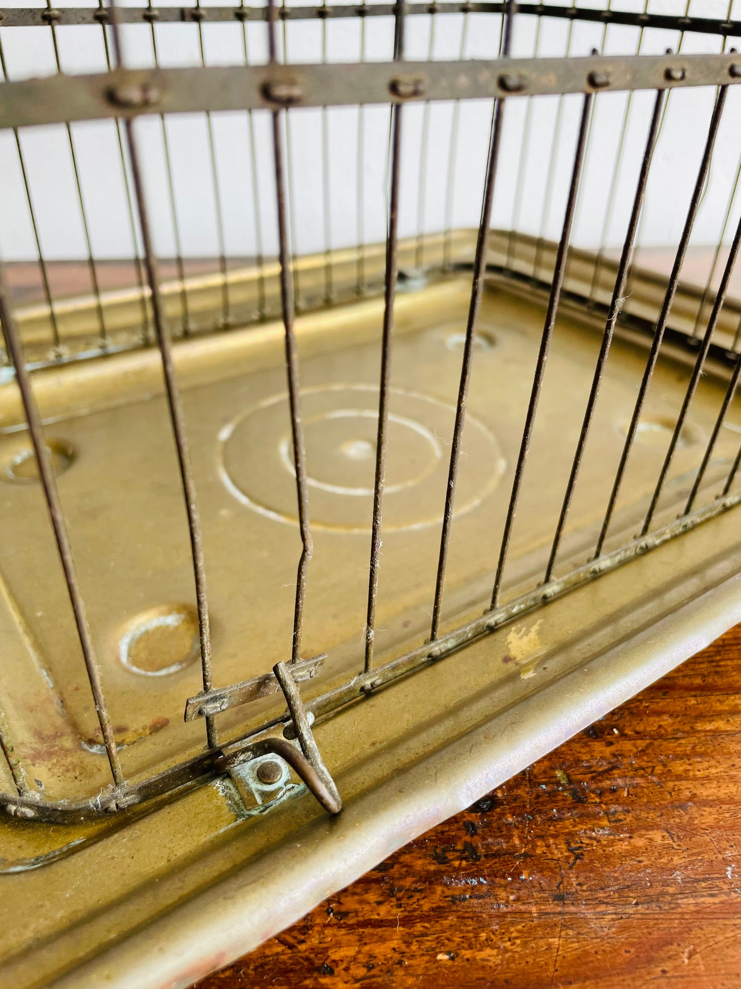 Antique Hendryx Brass & Metal Wire Bird Cage with Wood Perches & Milk Glass Food Dish - Art Deco Decor