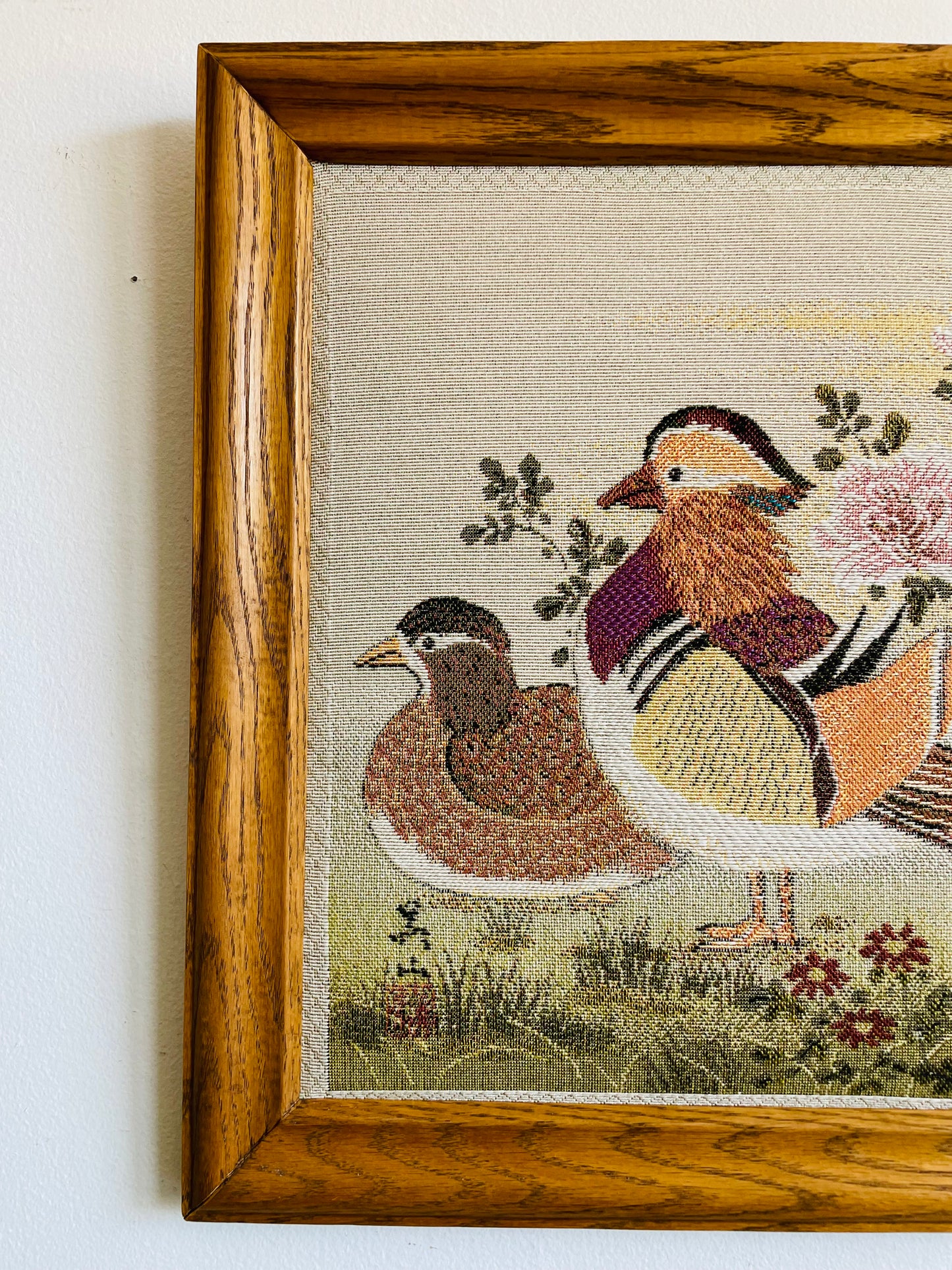 Vintage Framed Stuffed Tapestry Fabric Picture of Mandarin Duck Birds