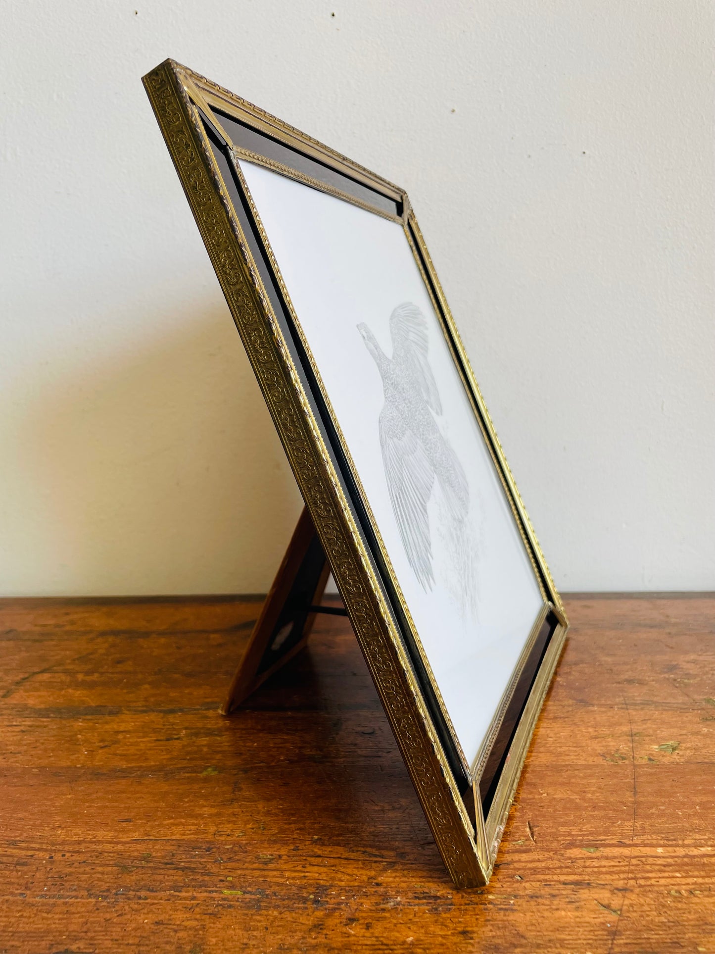 Vintage Stunning Brass & Glass Picture Frame with Black Mat & Easel or Hook Backing - Black & White Grouse Bird in Flight Print Currently Inside / Easily Swap for Your Own Picture!