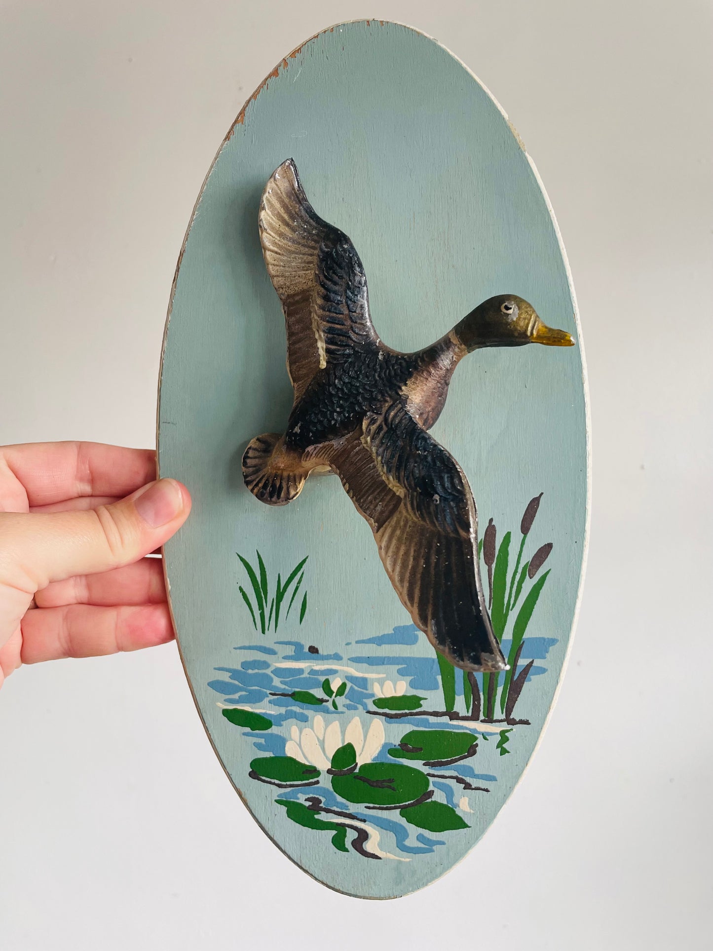 Vintage Hand Painted Oval Wall Plaque Picture with 3D Metal Mallard Duck in Flight