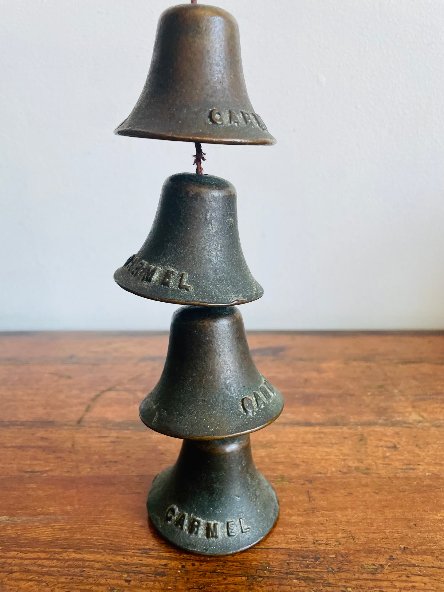 Vintage Carmel California Mission Hanging Bells - Set of 4 on Rope - Heavy & Solid with Aged Patina