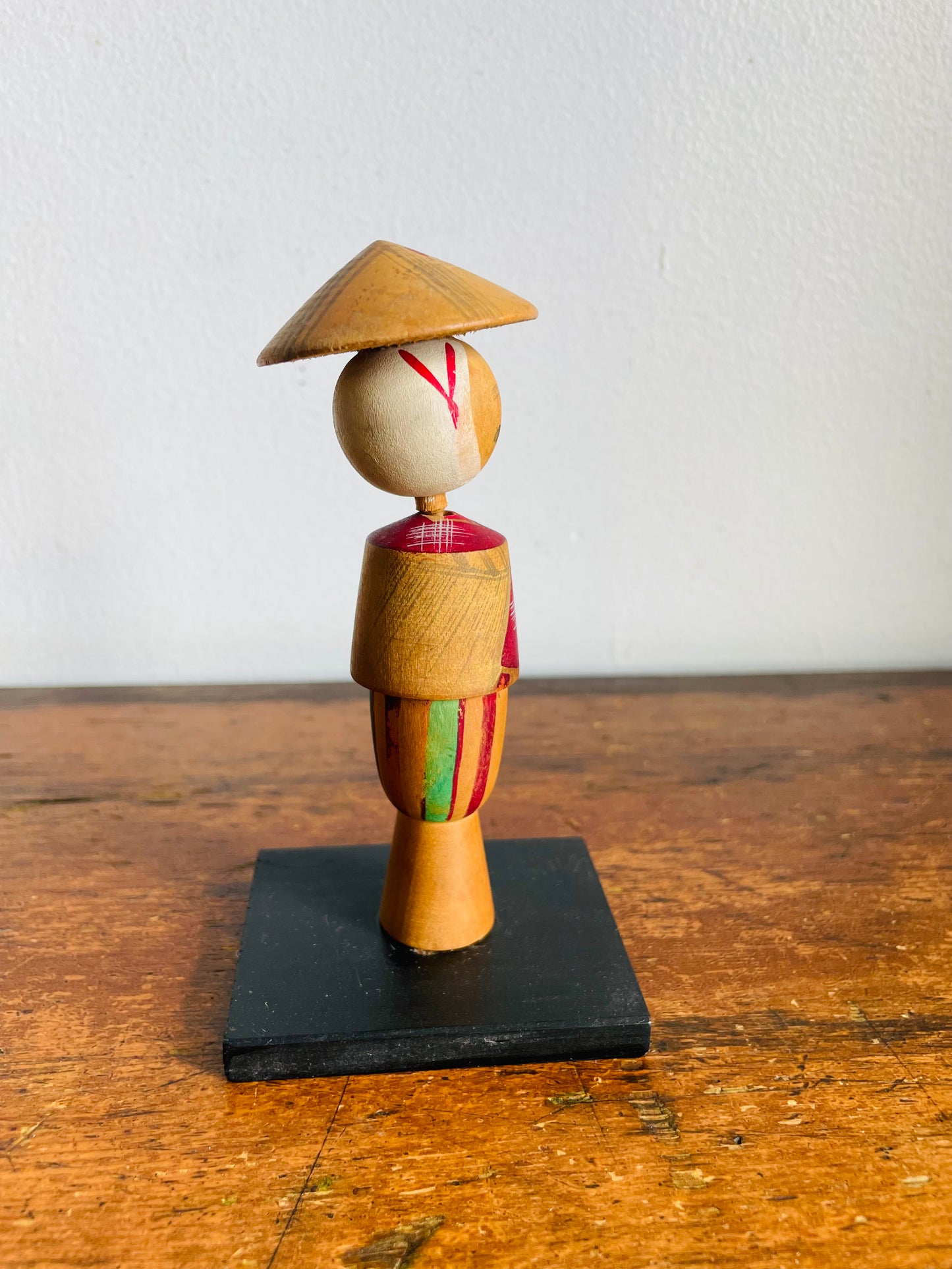 Vintage 5" Tall Japanese Wooden Kokeshi Bobblehead Doll with Maroon Dress & Hat on Base