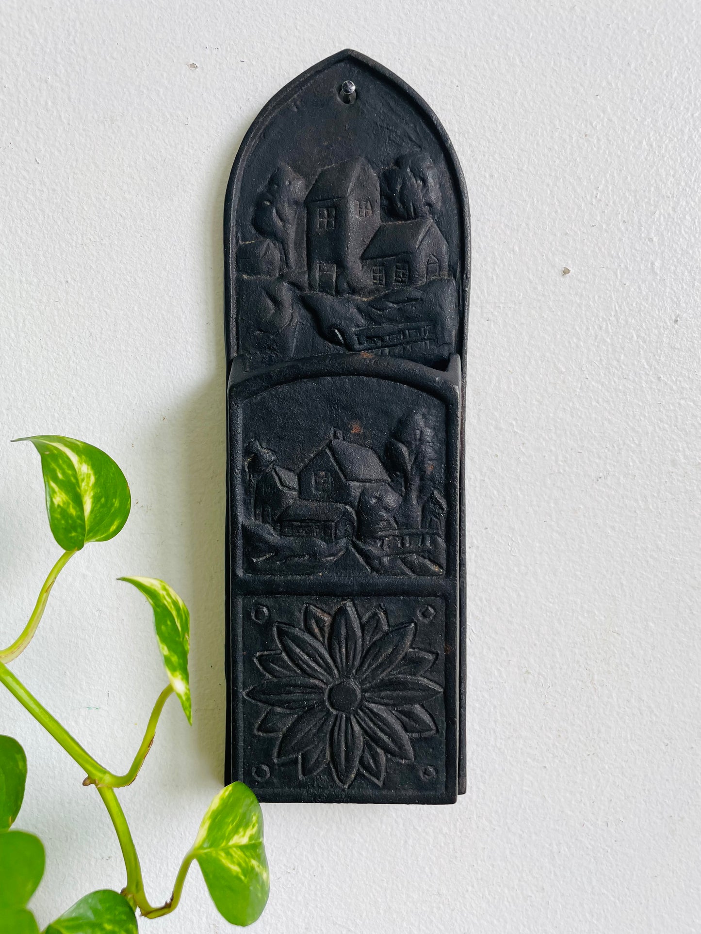 Vintage Cast Iron Wall Pocket Hanging Match Safe Holder with Flower, Barn & House Design
