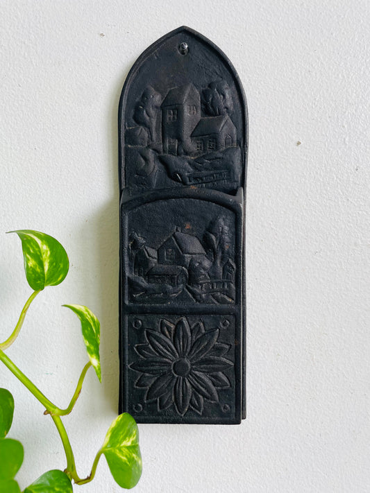 Vintage Cast Iron Wall Pocket Hanging Match Safe Holder with Flower, Barn & House Design