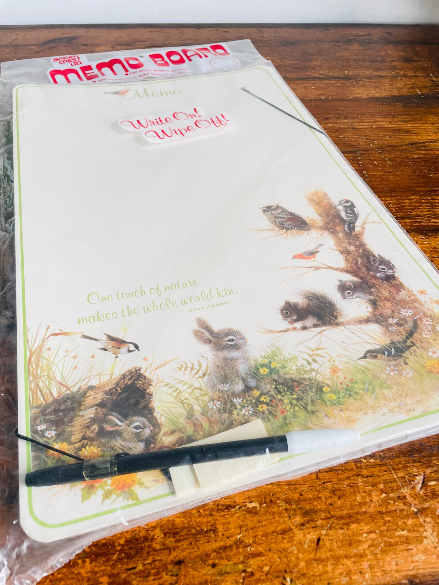 Vintage New Old Stock Bright Crest Ltd. Dry Erase Memo Board with Adorable Forest Animal Graphics - Write On / Write Off - One Touch of Nature Makes the Whole World Kin - No Shipping