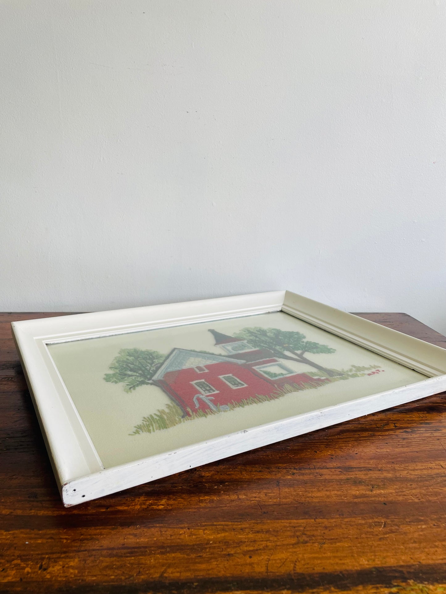 Absolutely Adorable Framed Crewel Needlepoint Embroidery Picture of Red One Room Schoolhouse