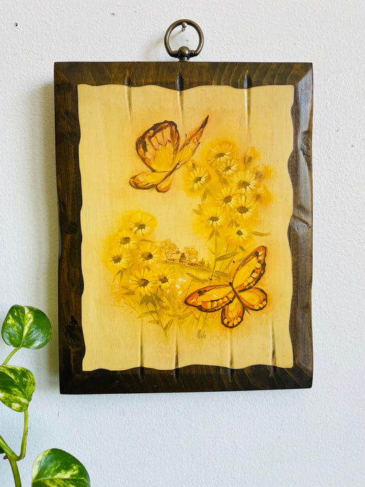 Vintage Wood Plaque Picture with Yellow & Orange Butterflies & Flowers